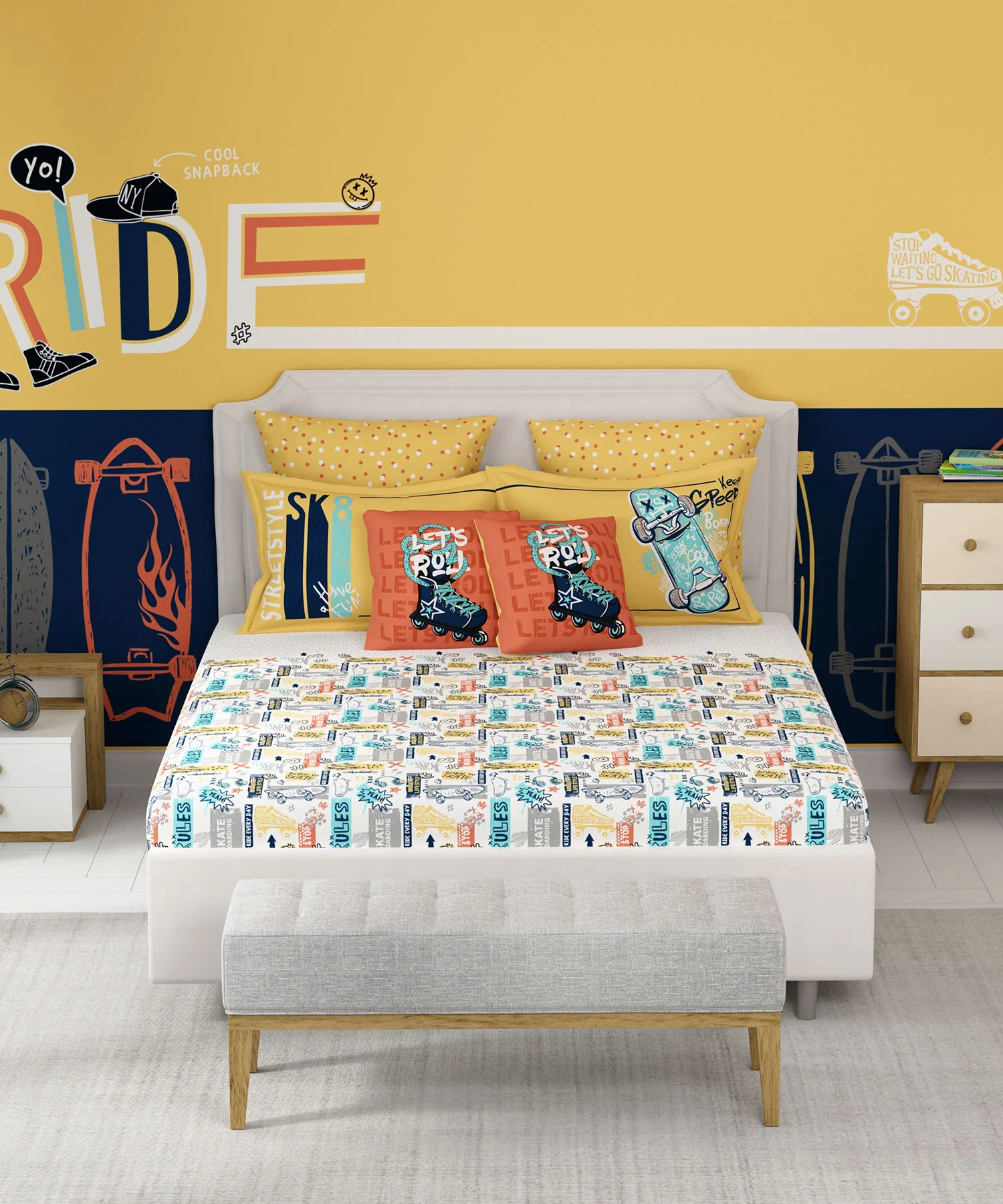 Juniors Double Bedsheet, Streetstyle Skate| 144TC Cotton|2 Pillow Covers & 2 Cushion Covers - Image 4