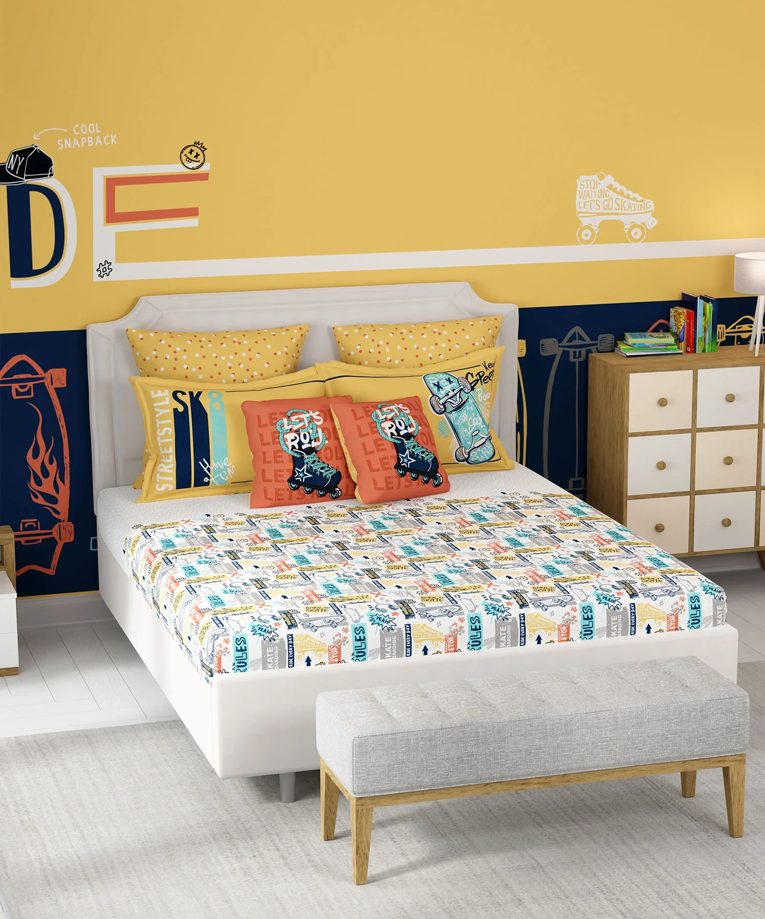 Juniors Double Bedsheet, Streetstyle Skate| 144TC Cotton|2 Pillow Covers & 2 Cushion Covers - Image 5