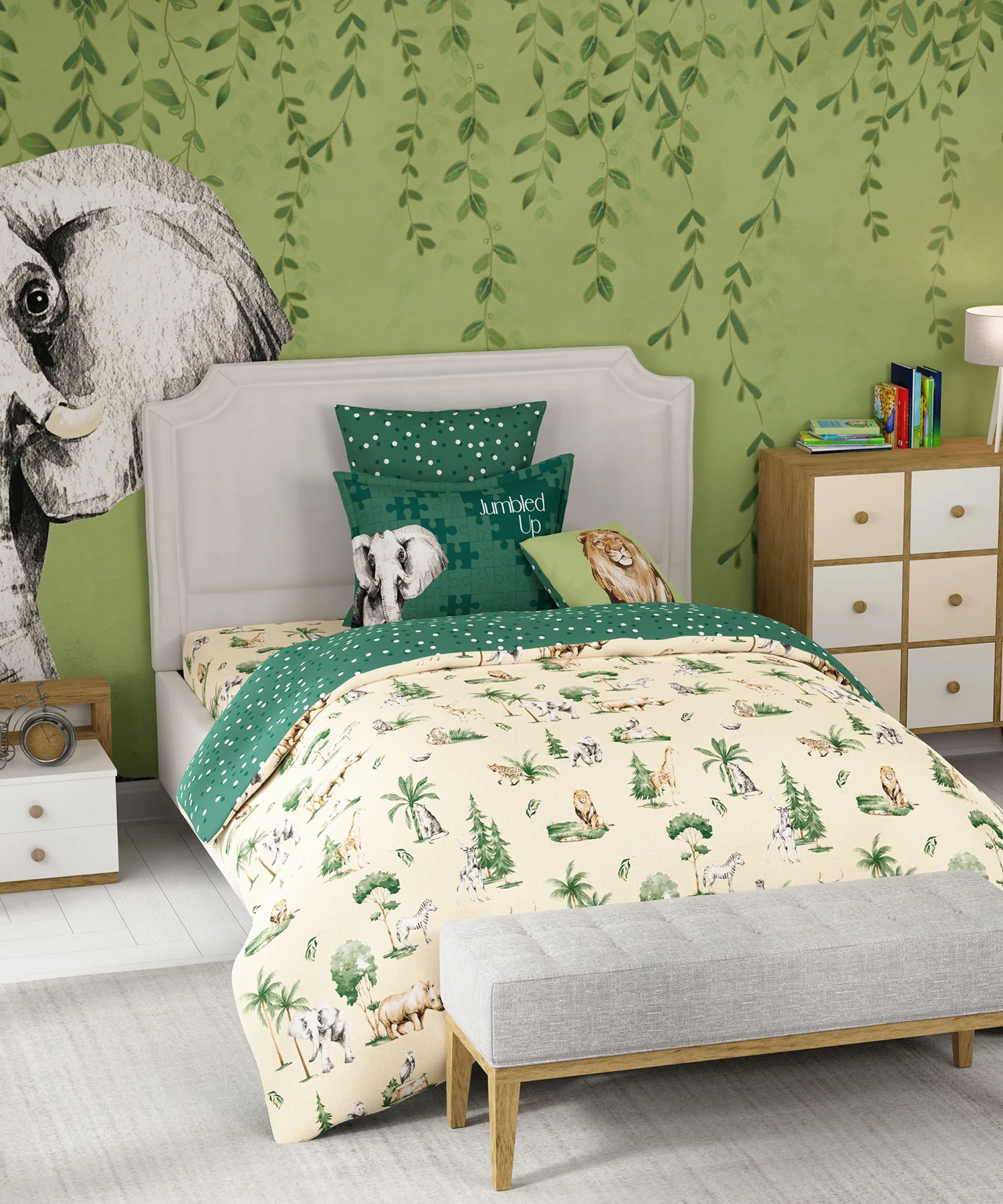 Juniors Single Bedsheet Set, Jigsaw Jungle|144 TC Cotton|1 Pillow Cover - Image 2