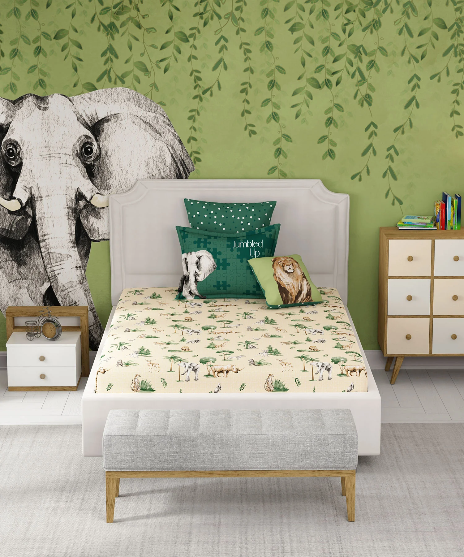 Juniors Single Bedsheet Set, Jigsaw Jungle|144 TC Cotton|1 Pillow Cover - Image 5