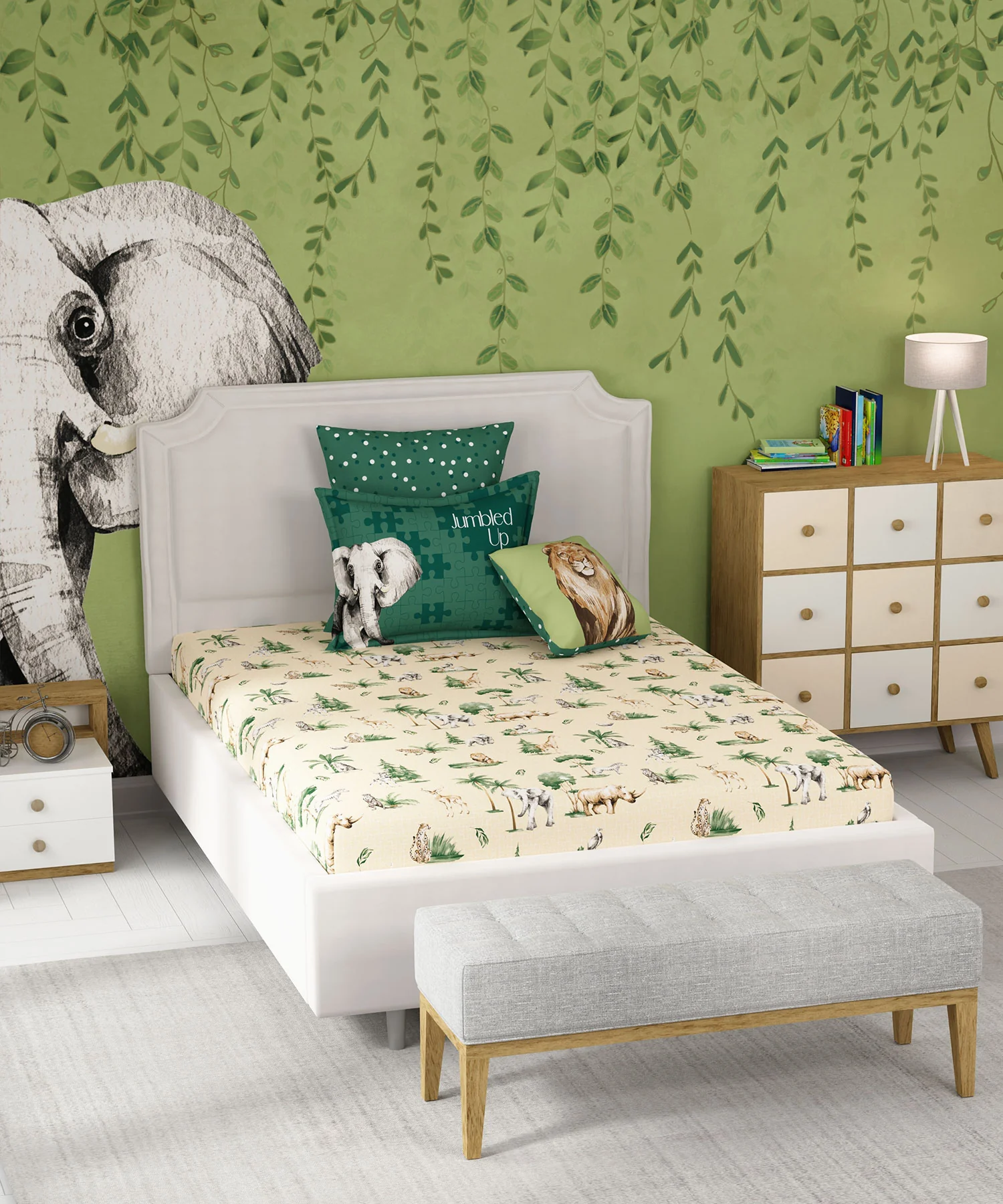 Juniors Single Bedsheet Set, Jigsaw Jungle|144 TC Cotton|1 Pillow Cover - Image 6