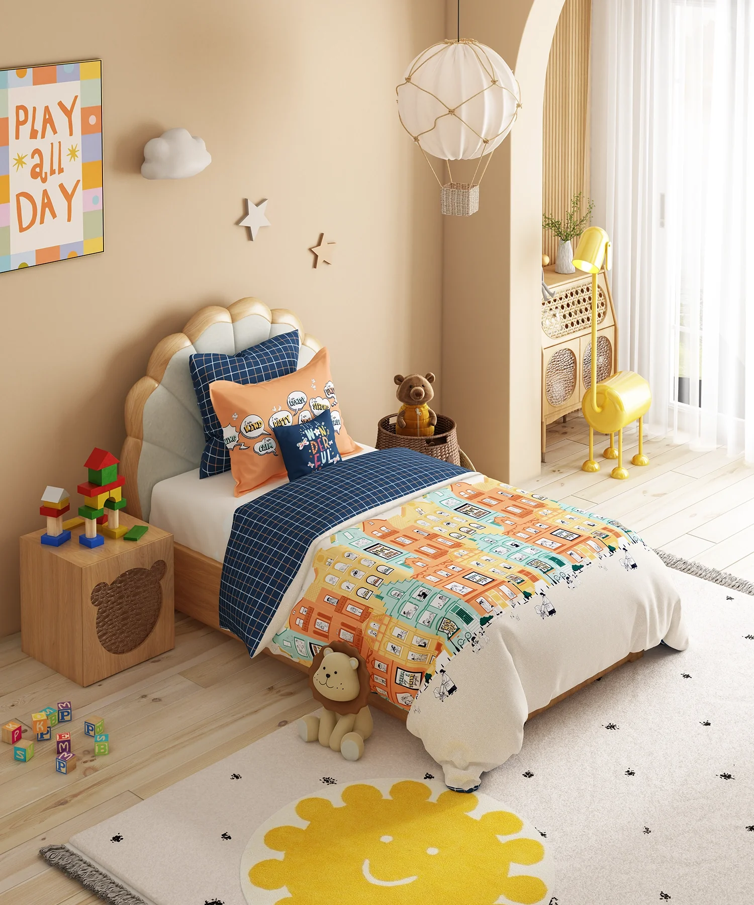 Juniors Single Bedsheet Set, Day Doodle| 144TC Cotton| 1 Pillow Cover