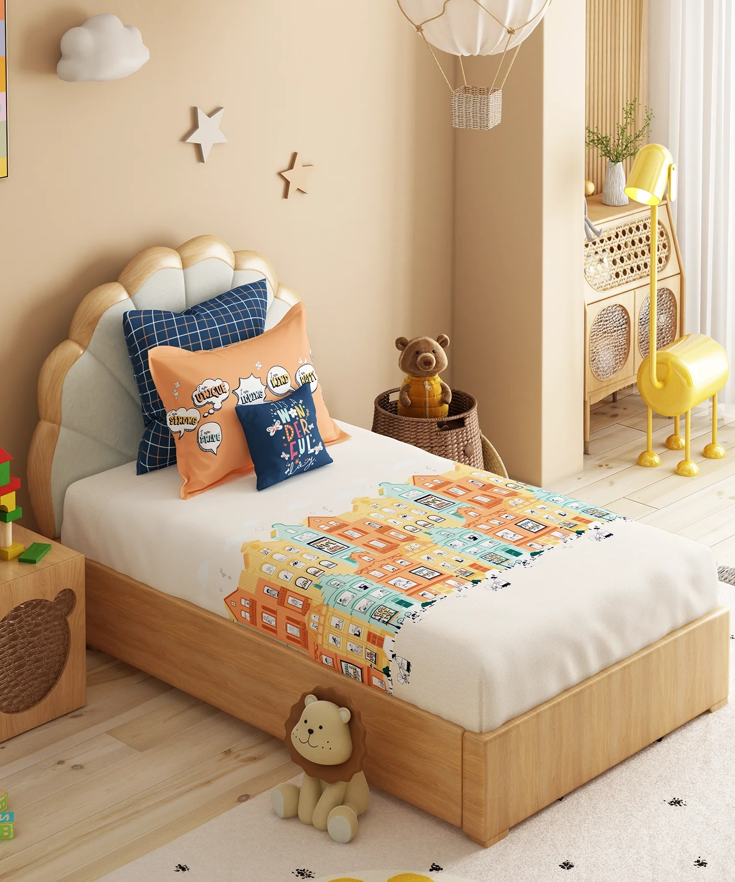 Juniors Single Bedsheet Set, Day Doodle| 144TC Cotton| 1 Pillow Cover - Image 4