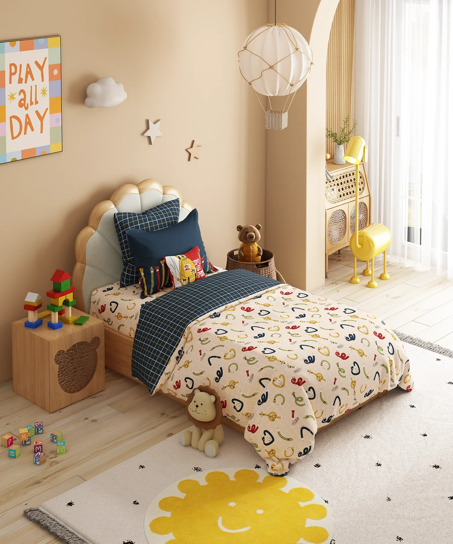 Juniors Single Bedsheet Set, Scribble Spot| 144TC Cotton| 1 Pillow Cover