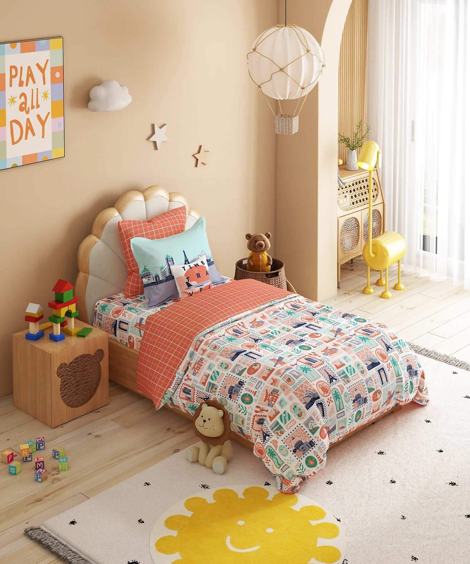 Juniors Single Bedsheet Set, Wander ways| 144TC Cotton| 1 Pillow Cover