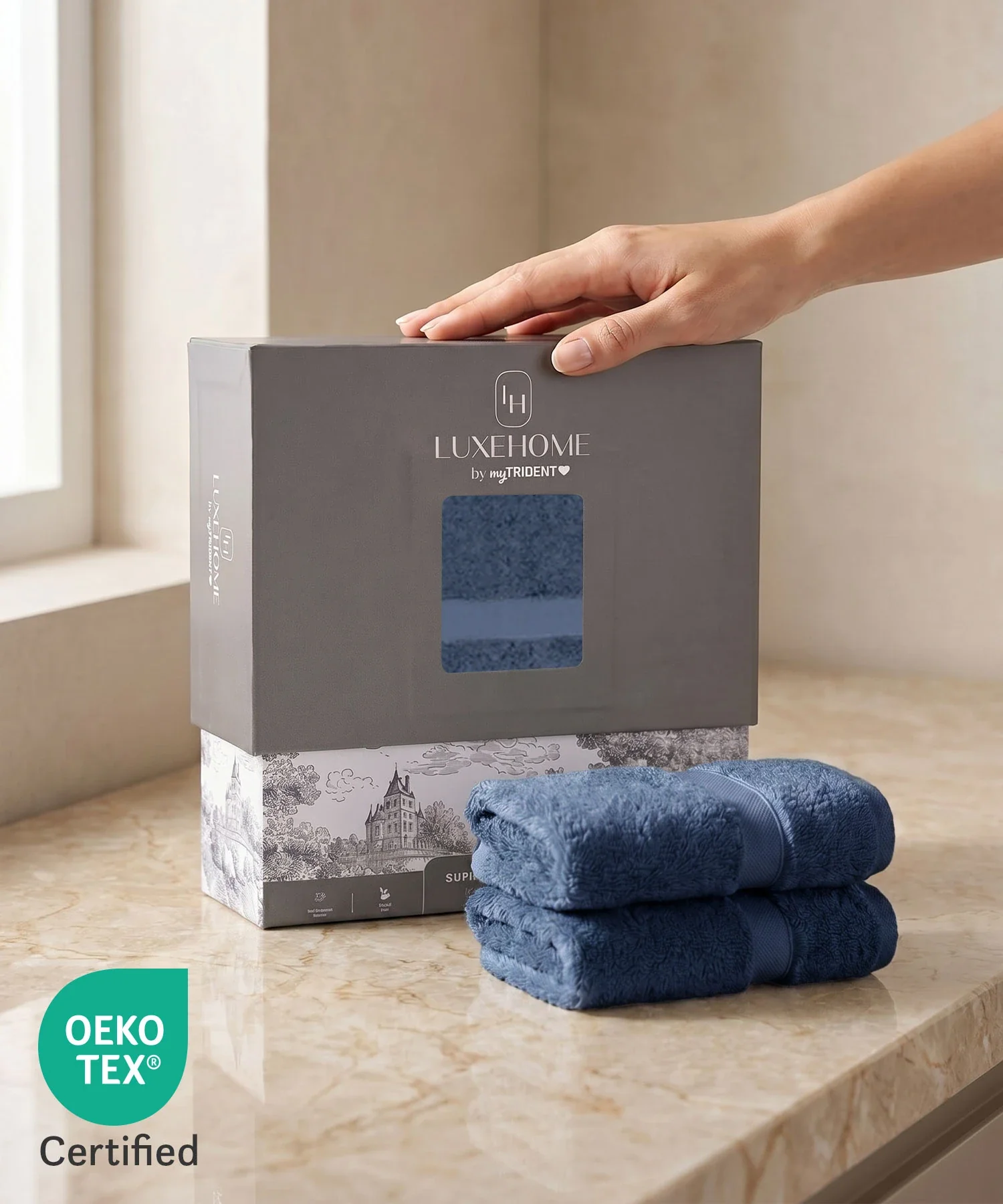 Luxe Home Supima Cotton 2 Pc Hand Towel Set, Sea Blue| 600 GSM | 100% Supima Cotton - Image 4