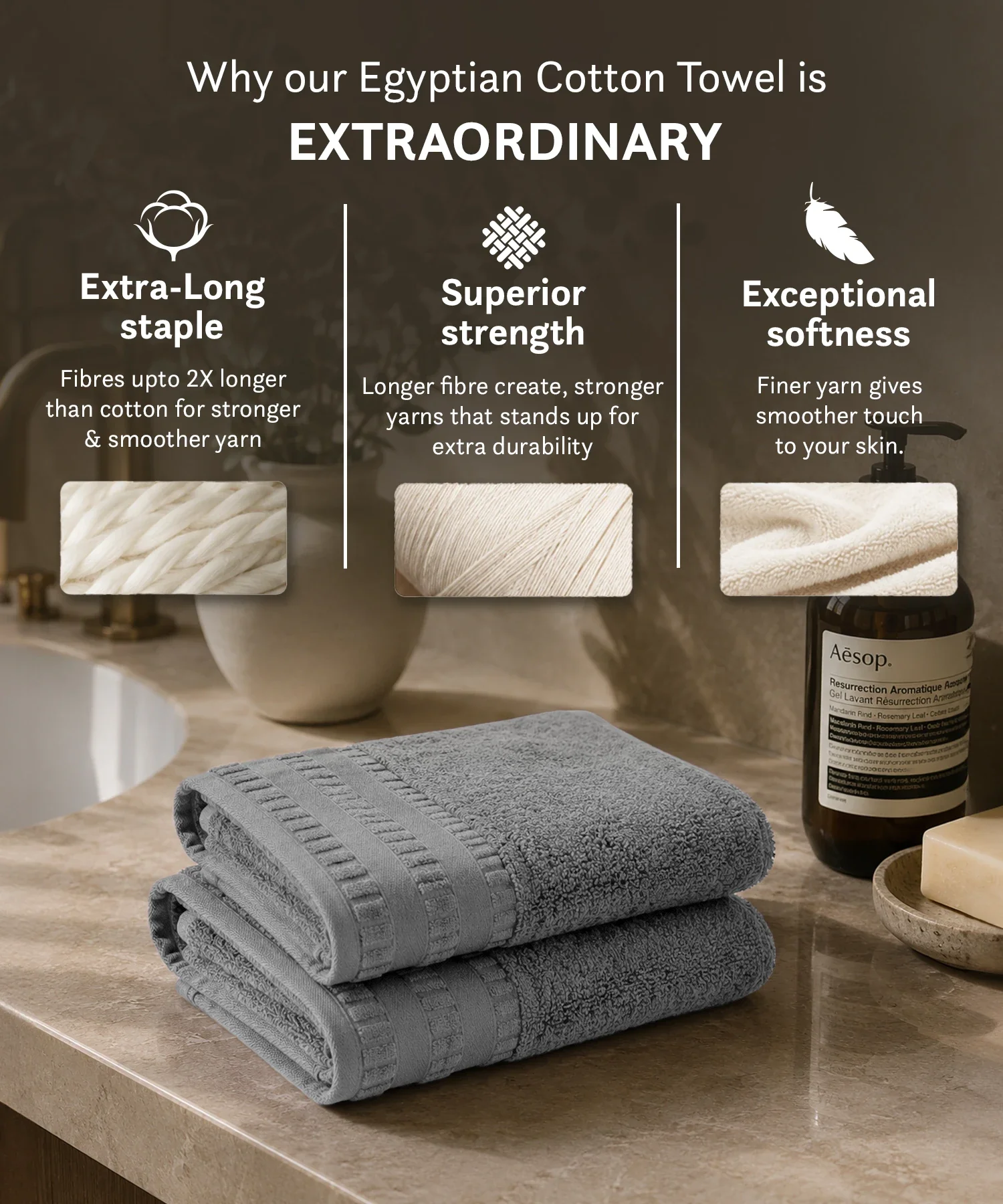 Luxe Home Egyptian Cotton 2 Pc Hand Towel Set,Graphite| 700 GSM | 100% Egyptian Cotton - Image 4
