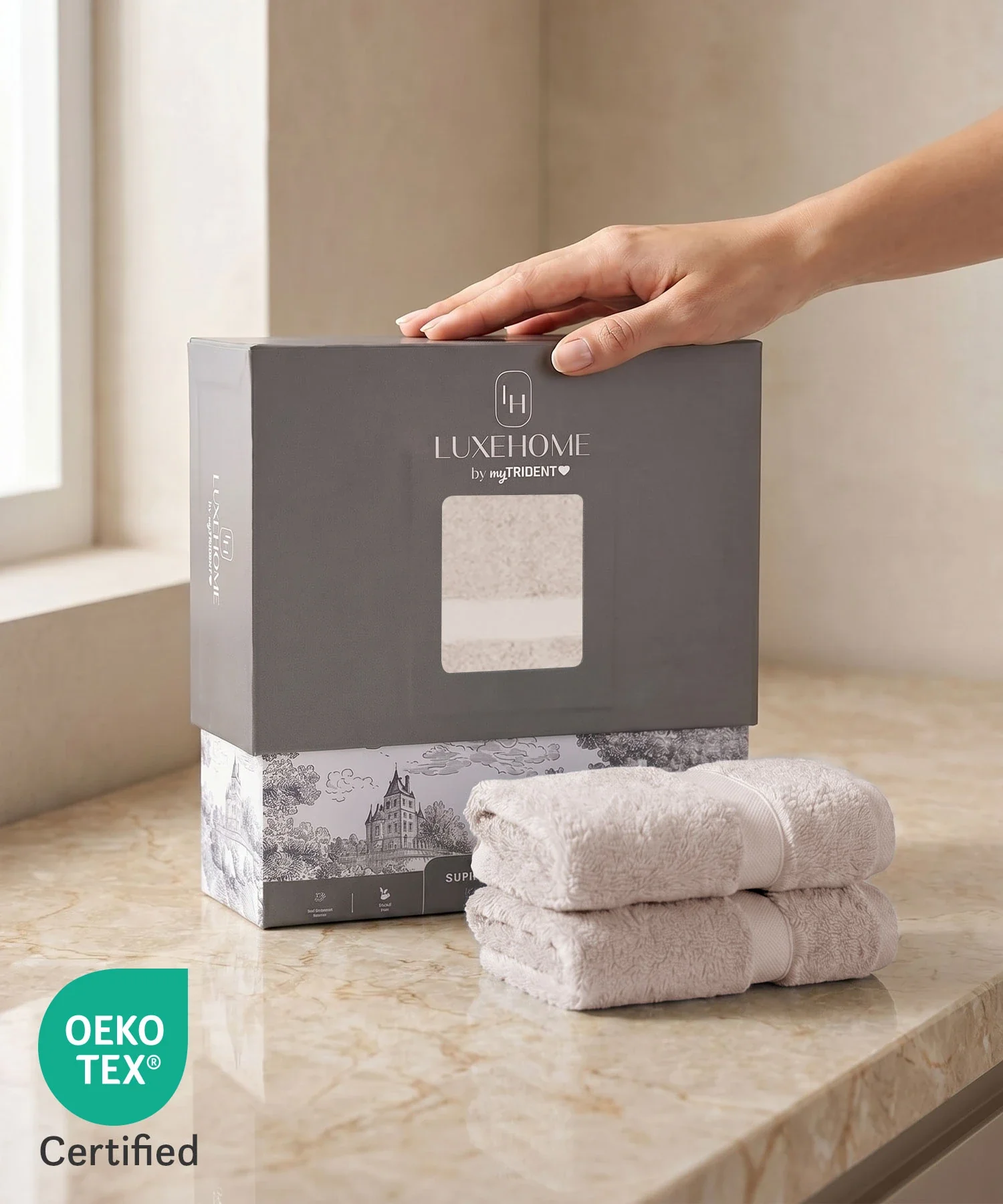 Luxe Home Supima Cotton 2 Pc Hand Towel Set, Dark Sand| 600 GSM | 100% Supima Cotton - Image 4