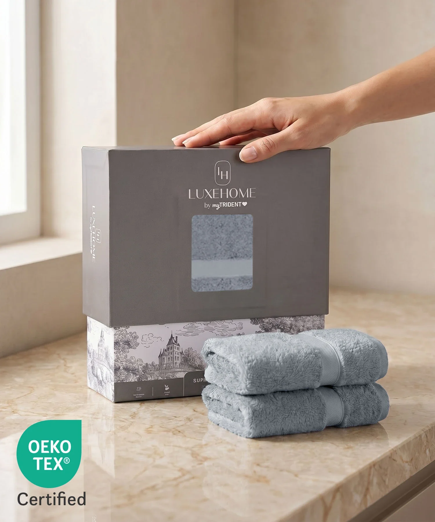 Luxe Home Supima Cotton 2 Pc Hand Towel Set, Ultimate Grey| 600 GSM | 100% Supima Cotton - Image 4