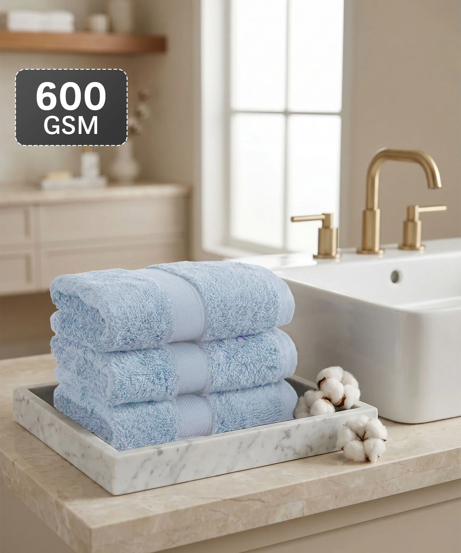 Luxe Home Supima Cotton 3 Pc Face Towel Set, Dusty Blue| 600 GSM | 100% Supima Cotton - Image 2