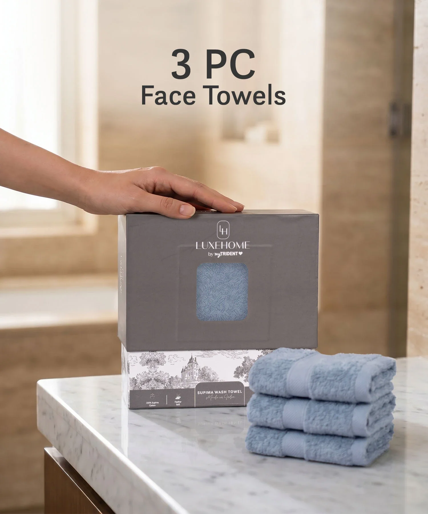 Luxe Home Supima Cotton 3 Pc Face Towel Set, Dusty Blue| 600 GSM | 100% Supima Cotton - Image 3