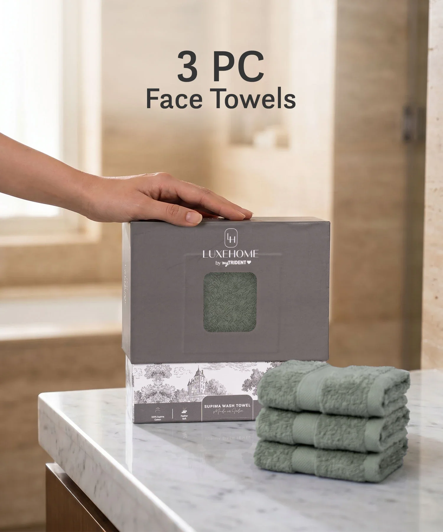 Luxe Home Supima Cotton 3 Pc Face Towel Set, Priarie Sage| 600 GSM | 100% Supima Cotton - Image 3