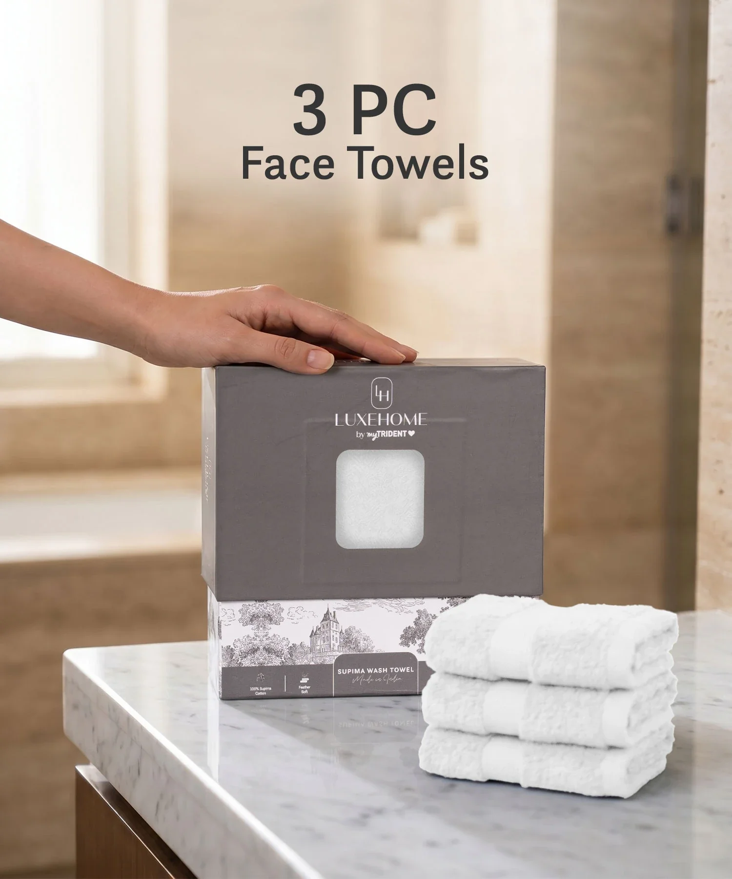 Luxe Home Supima Cotton 3 Pc Face Towel Set, White| 600 GSM | 100% Supima Cotton - Image 3