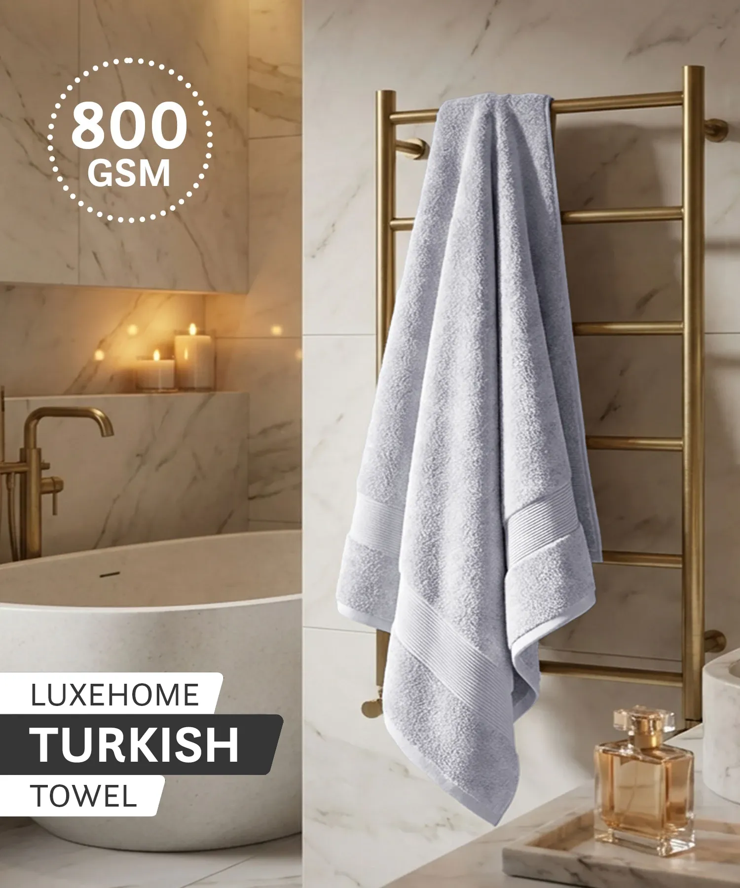 Luxehome Turkish Towel 1Pc Bath Towel, Soft Silver | 800 GSM Cotton - Image 2