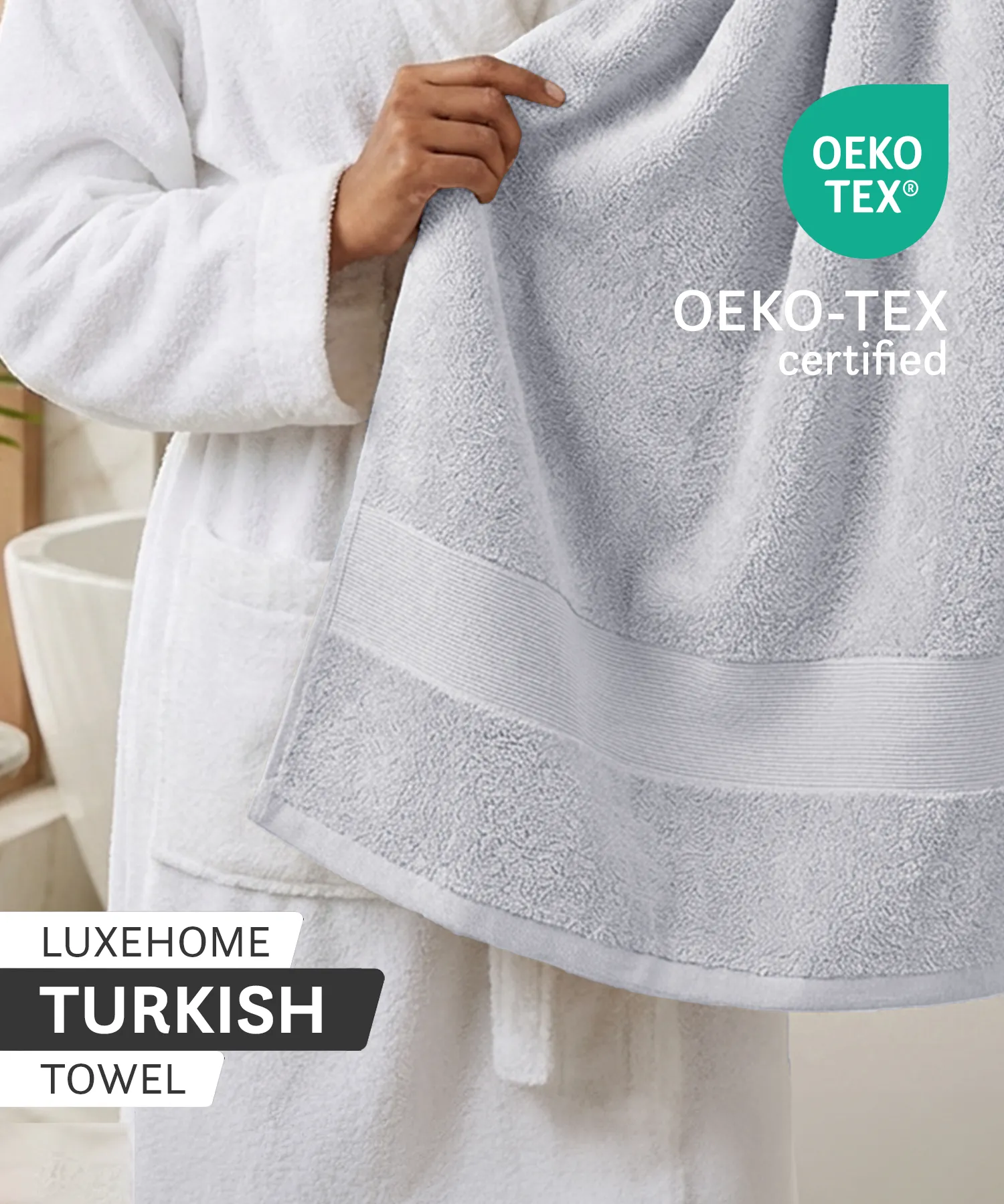 Luxehome Turkish Towel 1Pc Bath Towel, Soft Silver | 800 GSM Cotton - Image 4