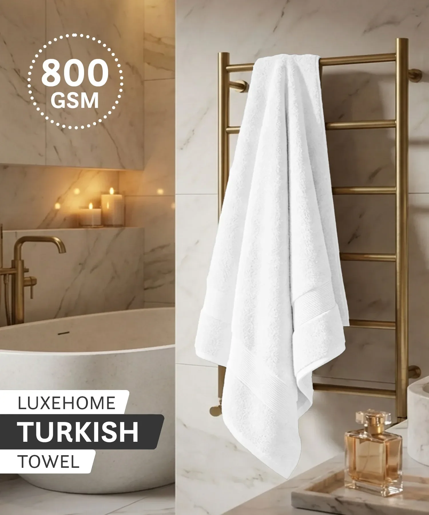 Luxehome Turkish Towel 1Pc Bath Towel, Arctic White | 800 GSM Cotton - Image 2