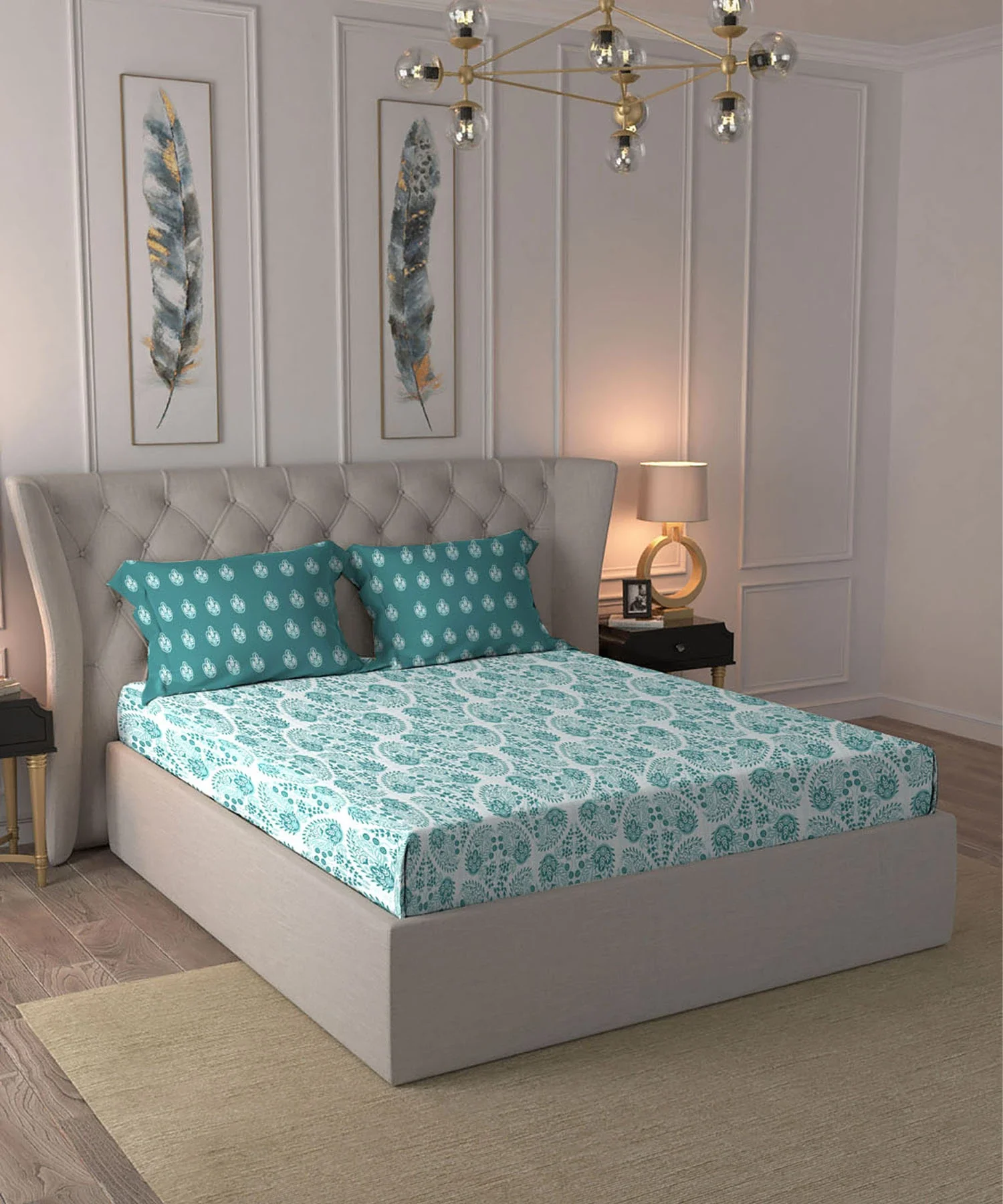 Moments Queen Bedsheet Set, Diana Teal|120 TC Cotton - Image 2