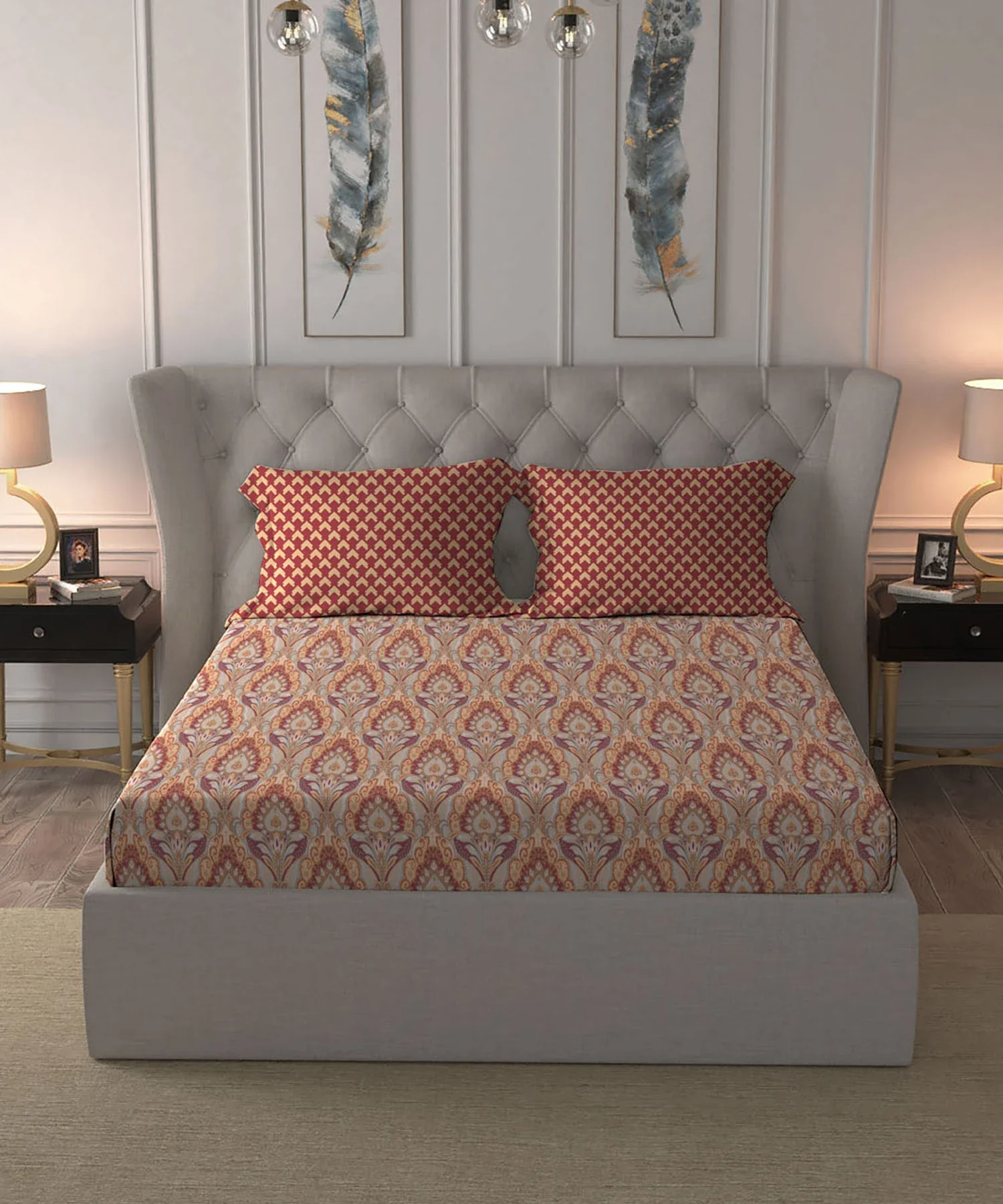 Moments Queen Bedsheet Set, Evelyn Mustard |120 TC Cotton