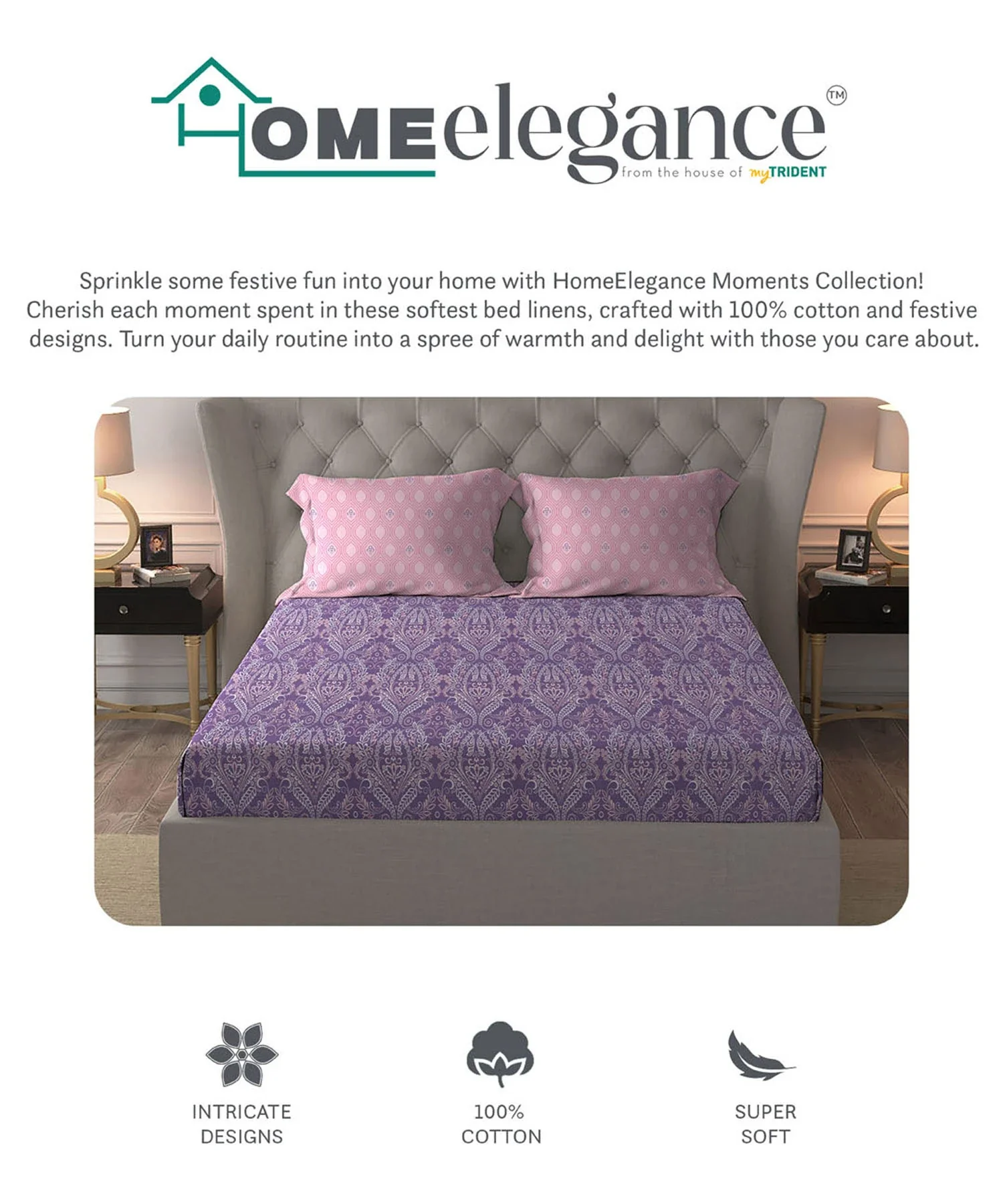 Moments Queen Bedsheet Set, Irene Purple |120 TC Cotton - Image 6