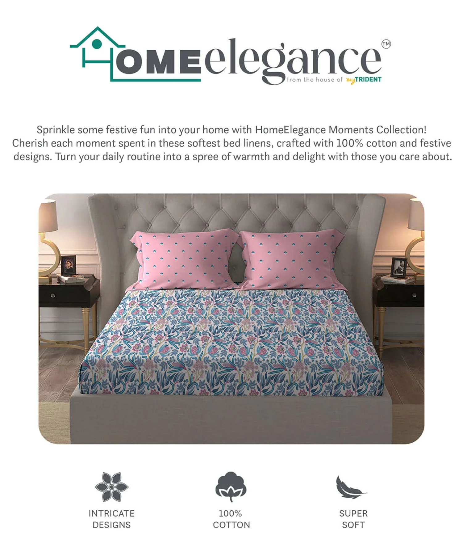 Moments Queen Bedsheet Set,Reverie Pink|120 TC Cotton - Image 6