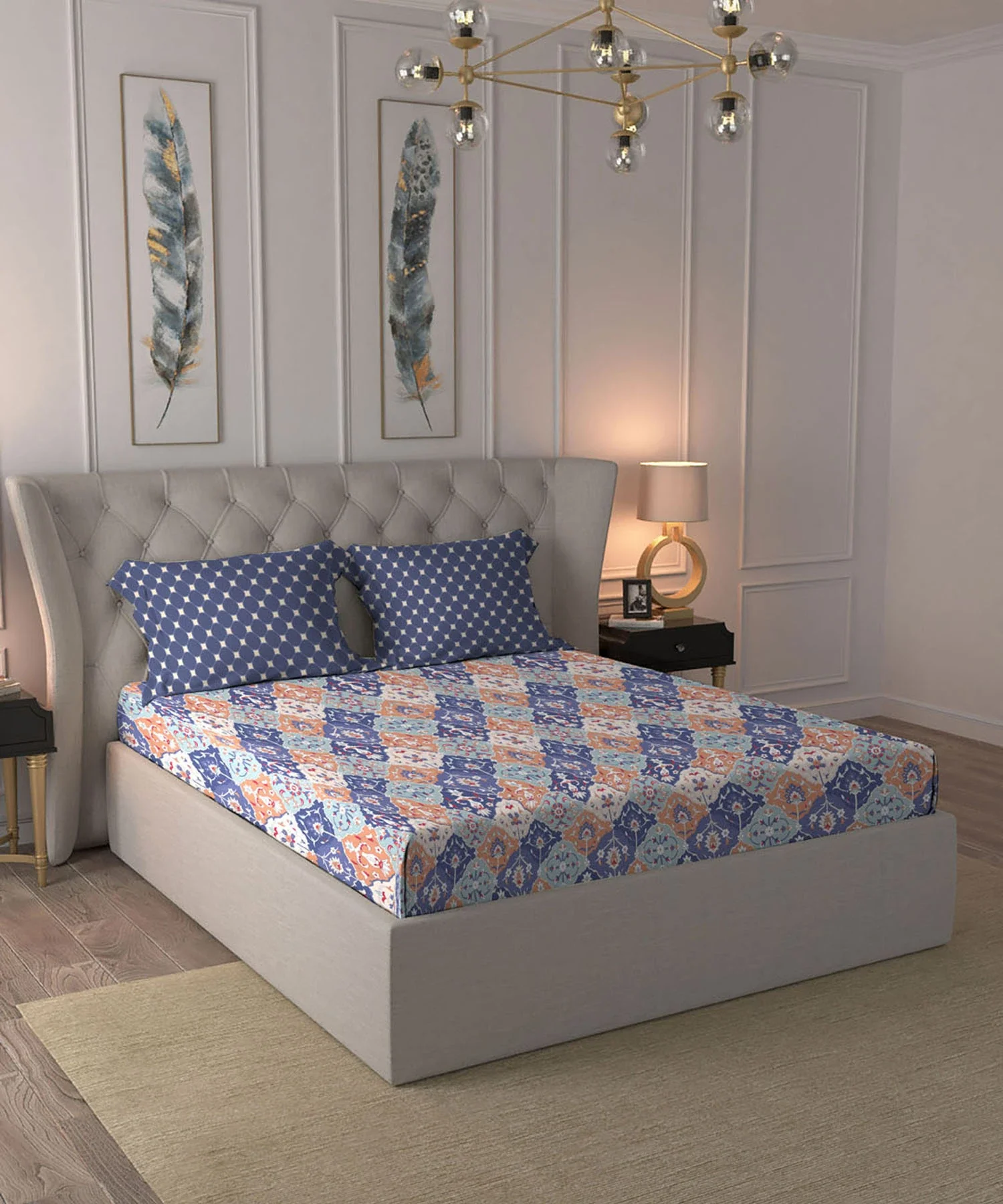 Moments Queen Bedsheet Set,Vivienne Blue|120 TC Cotton - Image 2