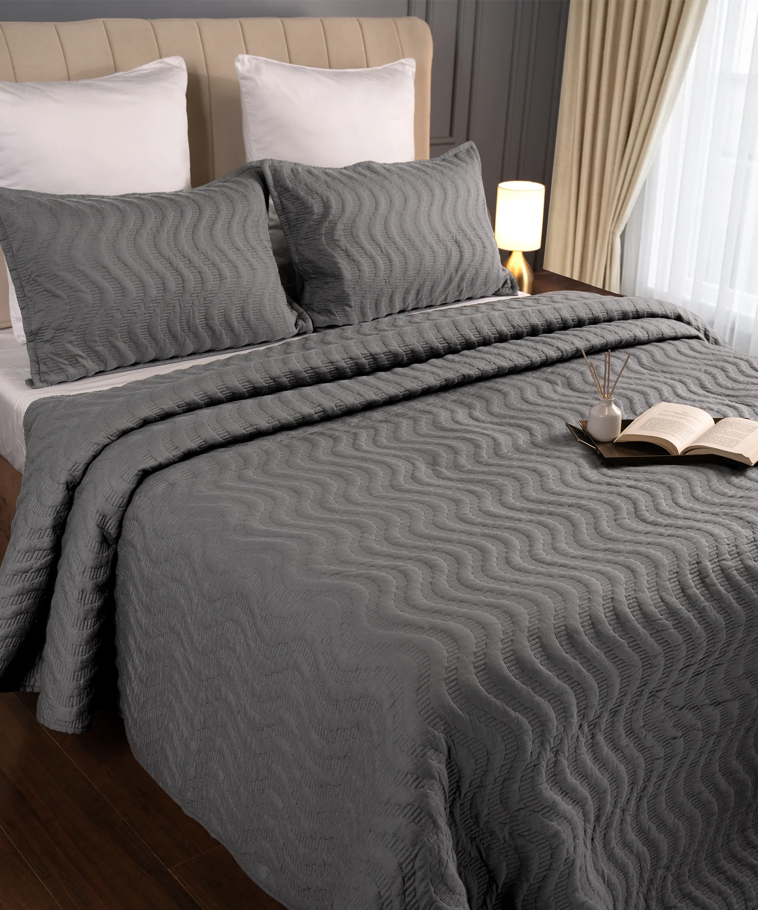 Nectarsoft Italian Retreat King Bedcover Set, Slate|90 GSM Cotton|3 Pc Set - Image 2