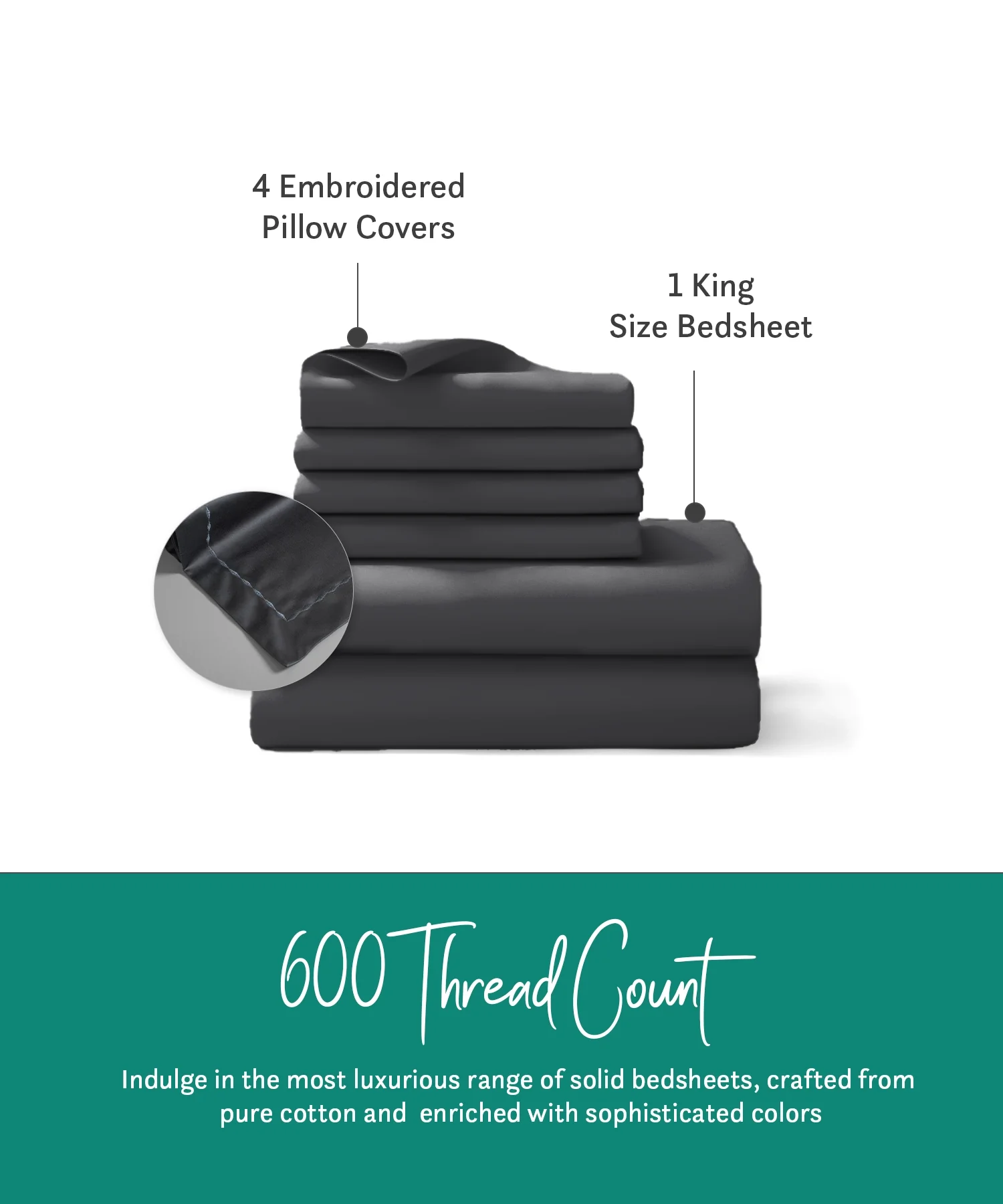 Nectarsoft King Solid Bedsheet Set, Dark Grey| 600 TC Cotton| 4 Pillow Covers - Image 5