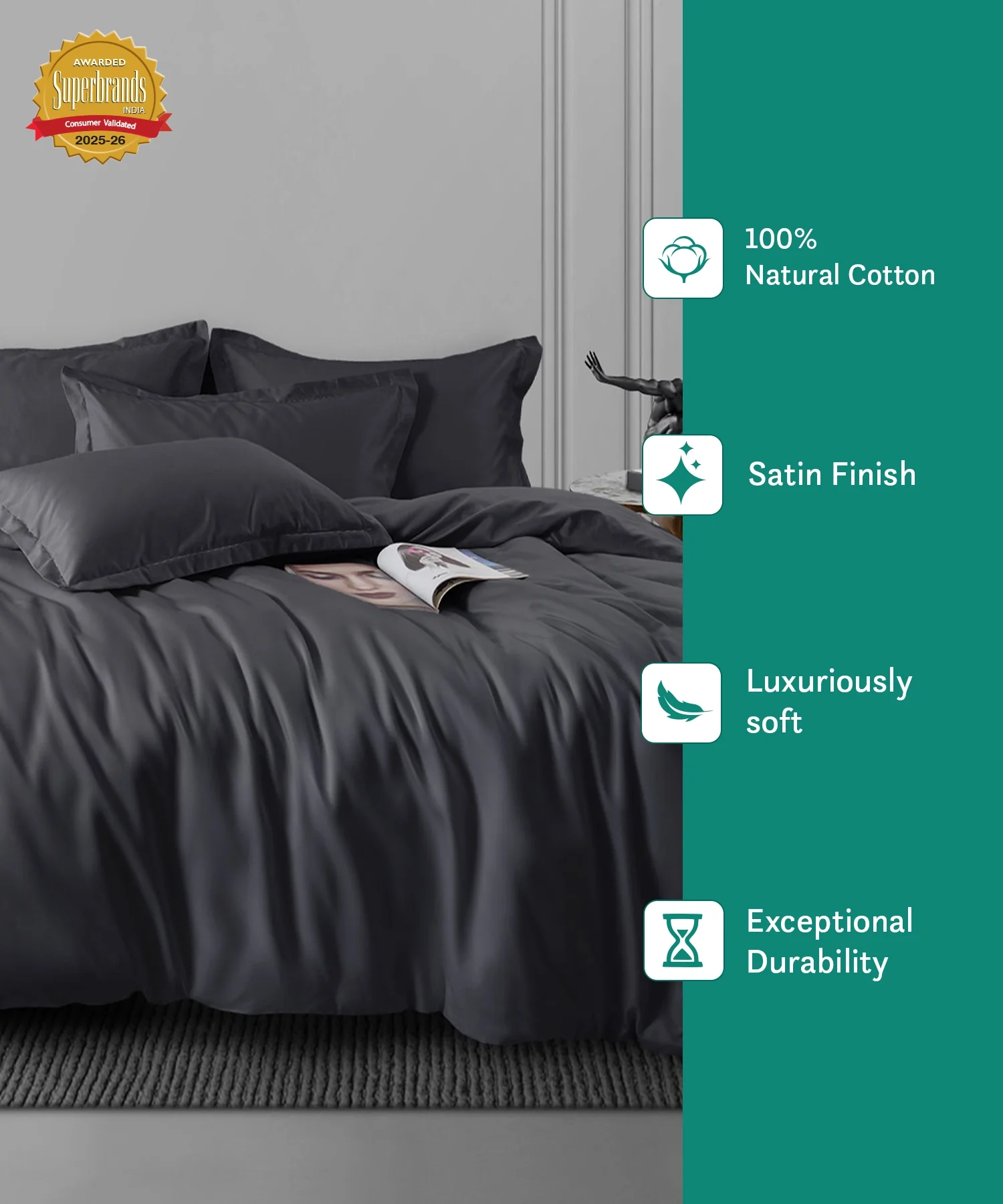 Nectarsoft King Solid Bedsheet Set, Dark Grey| 600 TC Cotton| 4 Pillow Covers - Image 6