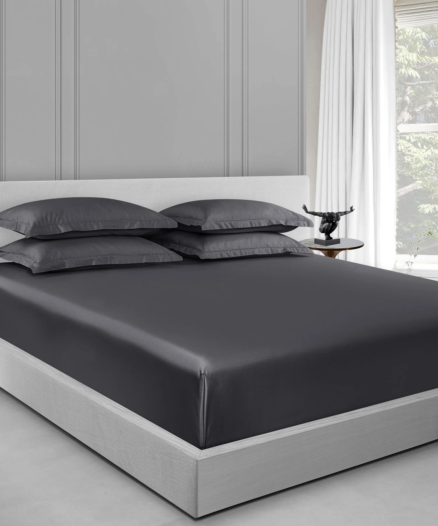 Nectarsoft King Solid Bedsheet Set, Dark Grey| 600 TC Cotton| 4 Pillow Covers - Image 7