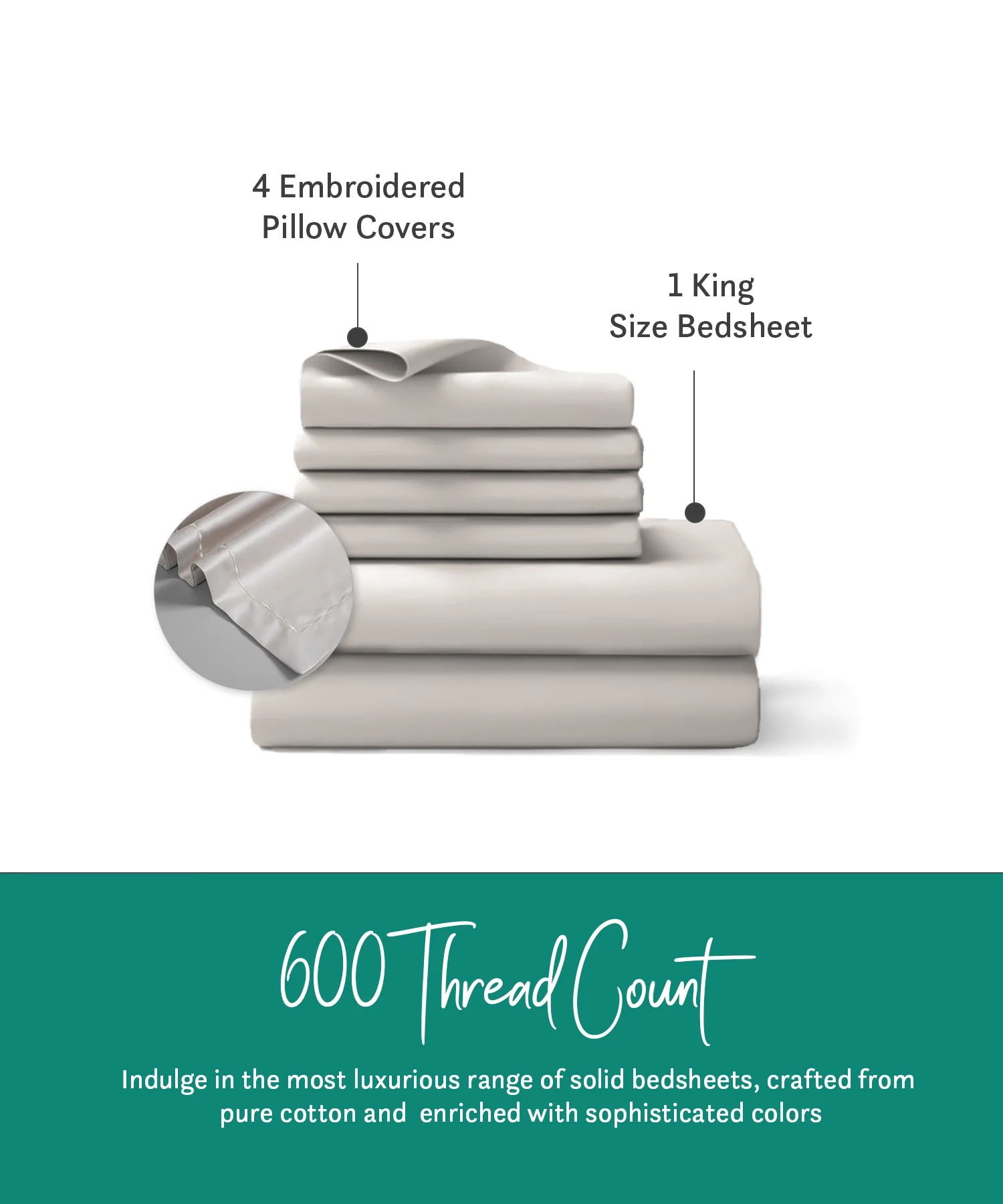 Nectarsoft King Solid Bedsheet Set, Ivory| 600 TC Cotton| 4 Pillow Covers - Image 5