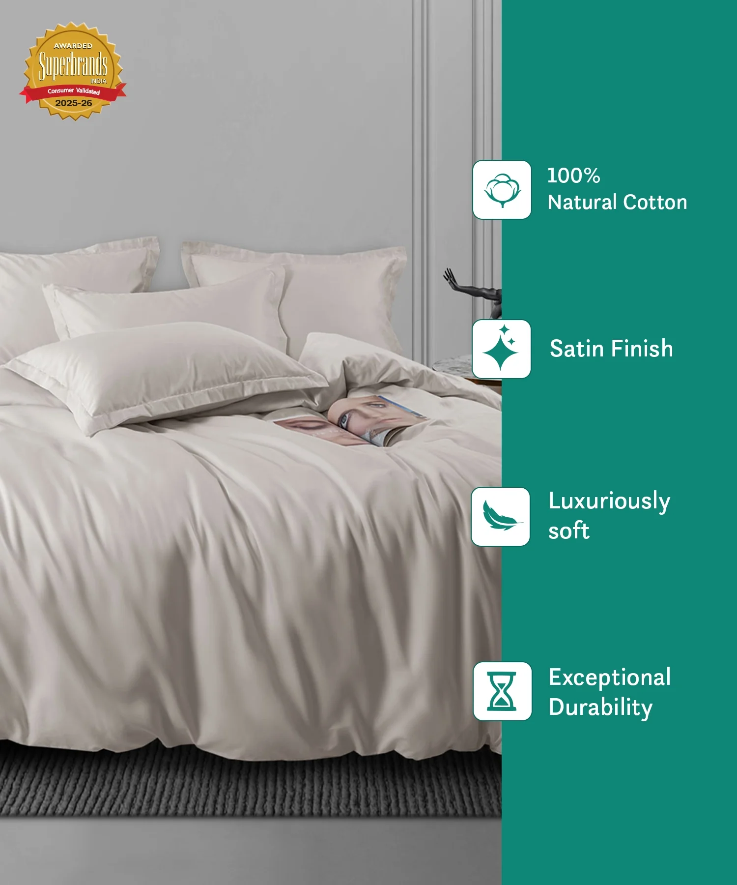 Nectarsoft King Solid Bedsheet Set, Ivory| 600 TC Cotton| 4 Pillow Covers - Image 6