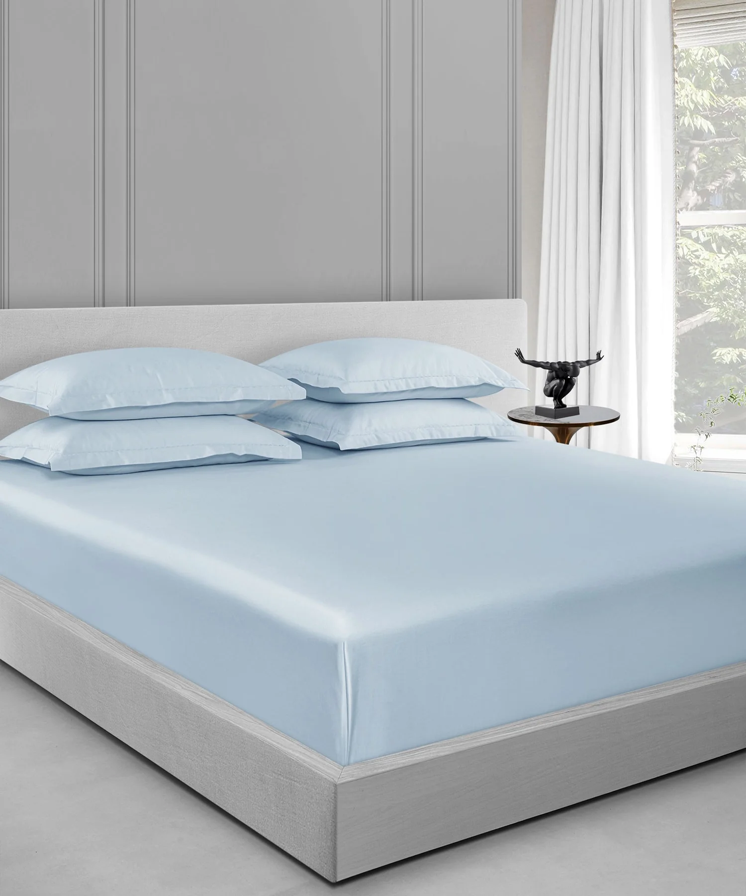 Nectarsoft King Solid Bedsheet Set, Light Blue| 600 TC Cotton| 4 Pillow Covers - Image 7