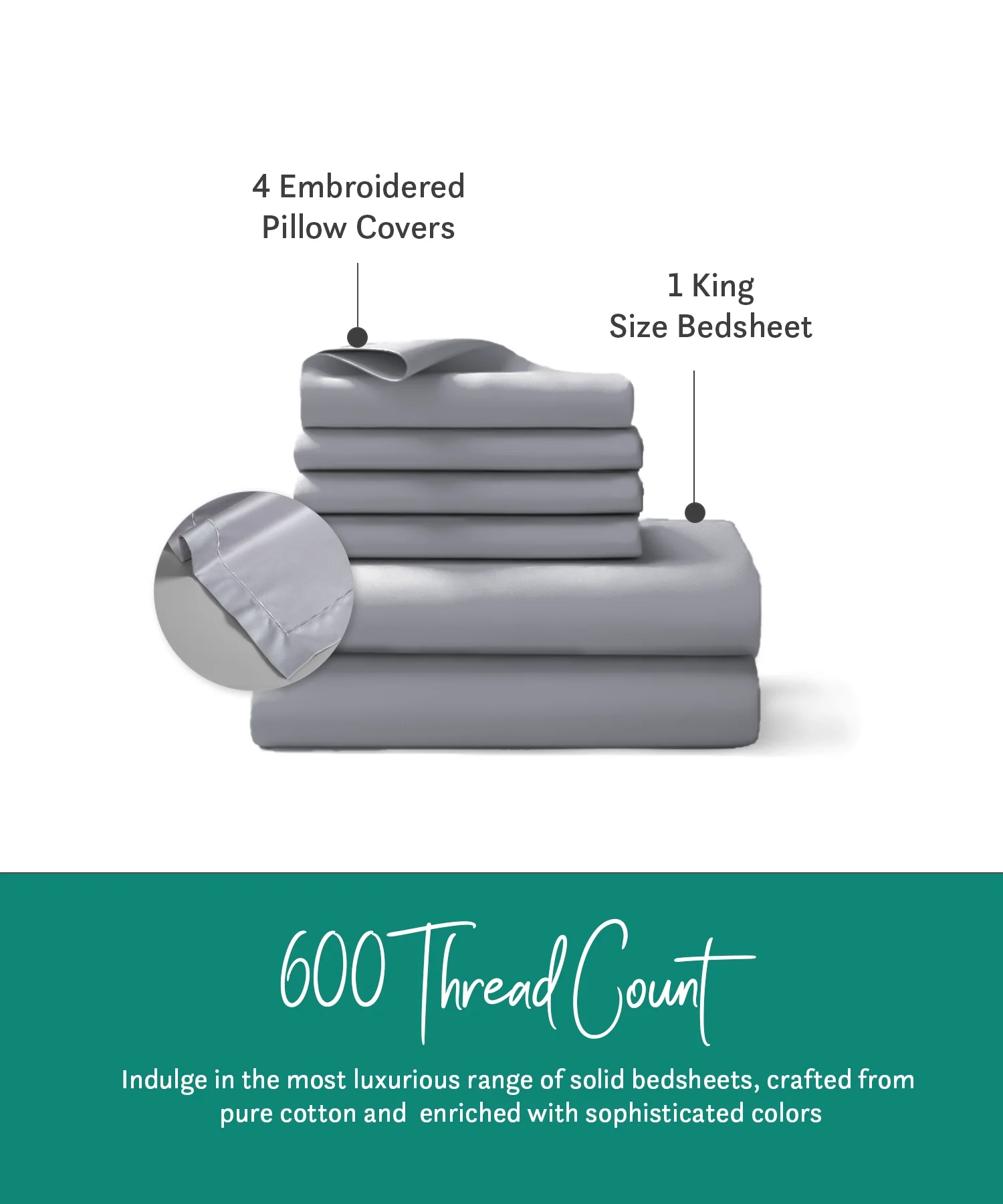Nectarsoft King Solid Bedsheet Set, Light Grey| 600 TC Cotton| 4 Pillow Covers - Image 5