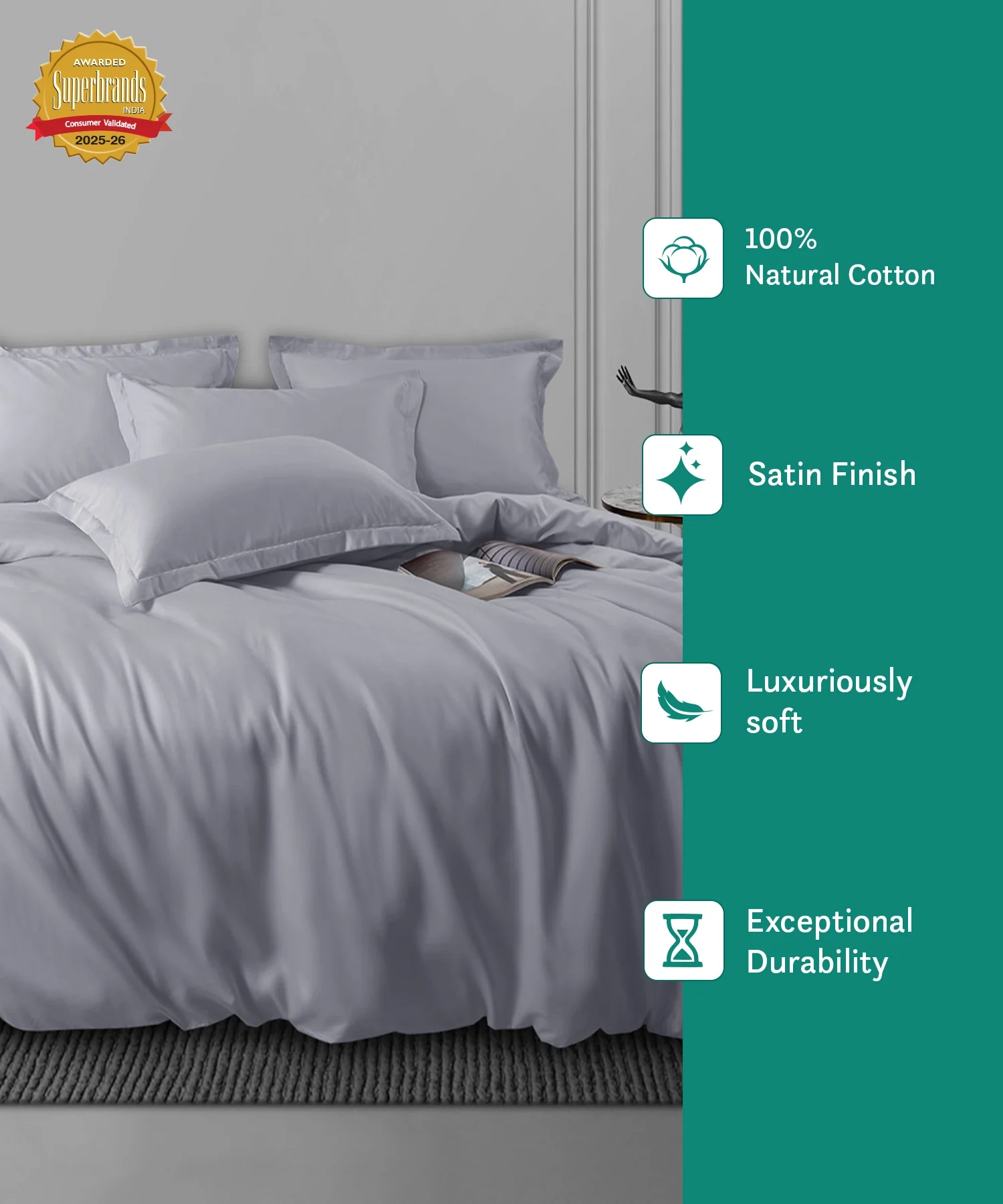Nectarsoft King Solid Bedsheet Set, Light Grey| 600 TC Cotton| 4 Pillow Covers - Image 6