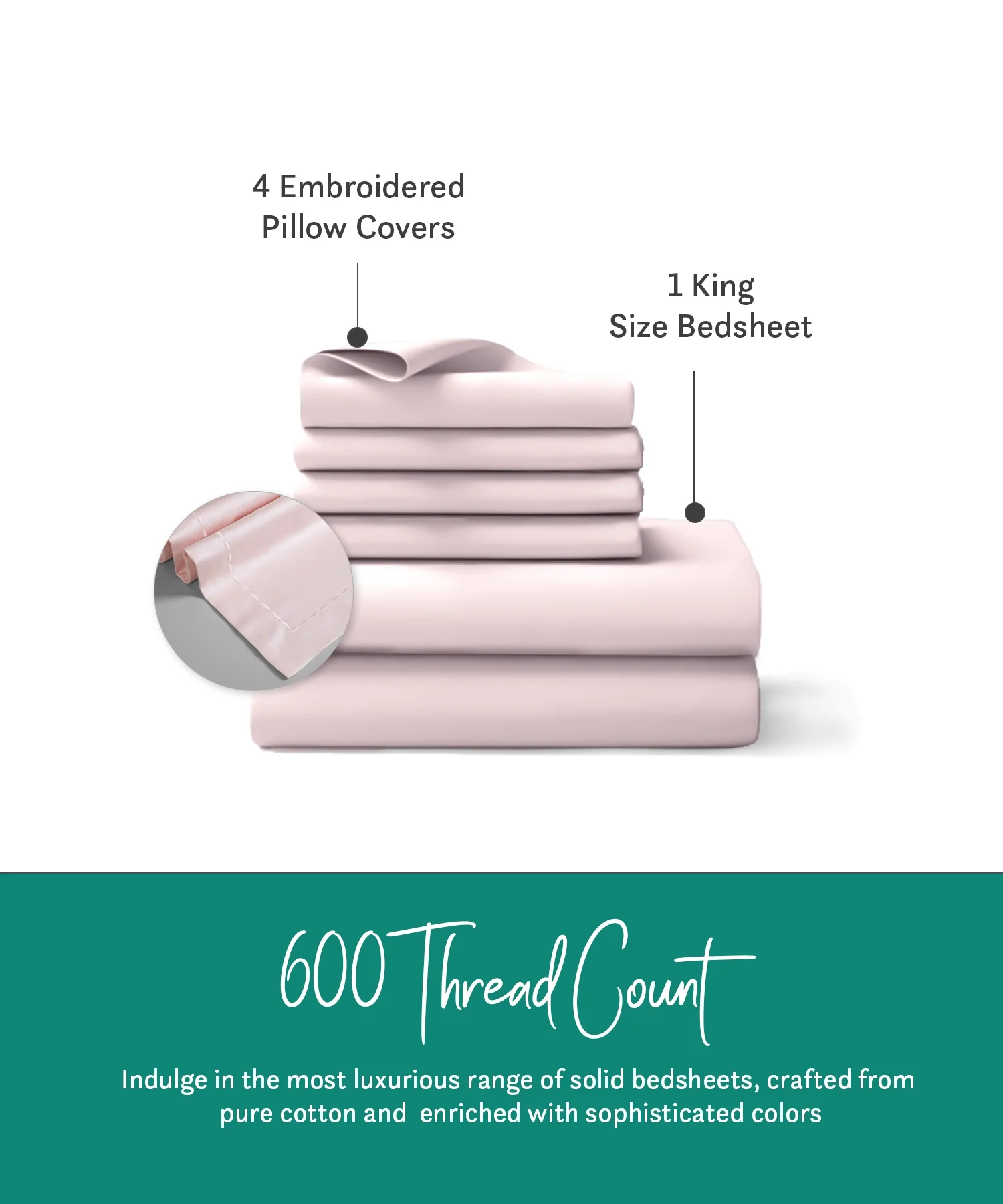 Nectarsoft King Solid Bedsheet Set, Pink| 600 TC Cotton| 4 Pillow Covers - Image 4