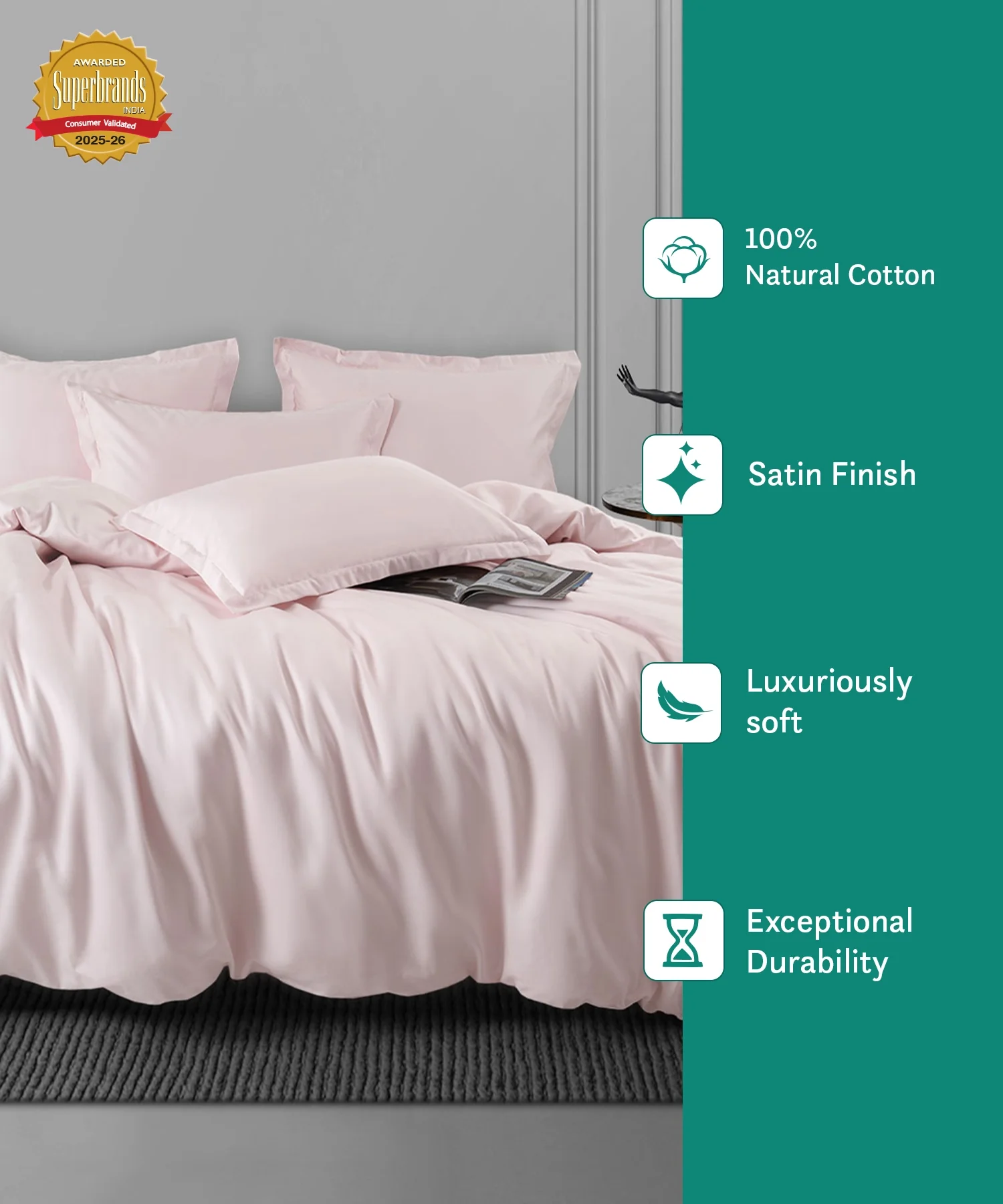 Nectarsoft King Solid Bedsheet Set, Pink| 600 TC Cotton| 4 Pillow Covers - Image 5