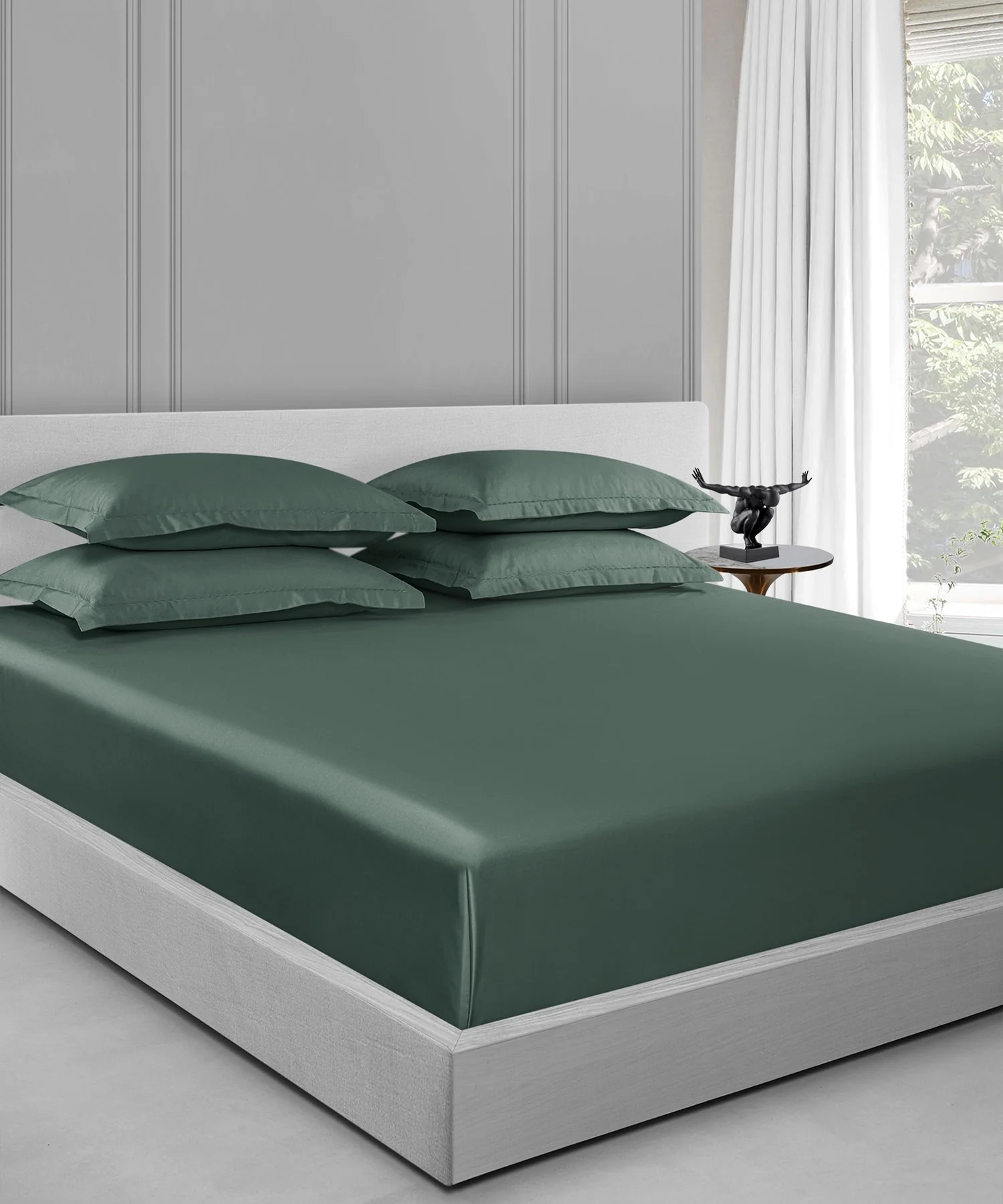 Nectarsoft King Solid Bedsheet Set, Green| 600 TC Cotton| 4 Pillow Covers - Image 7