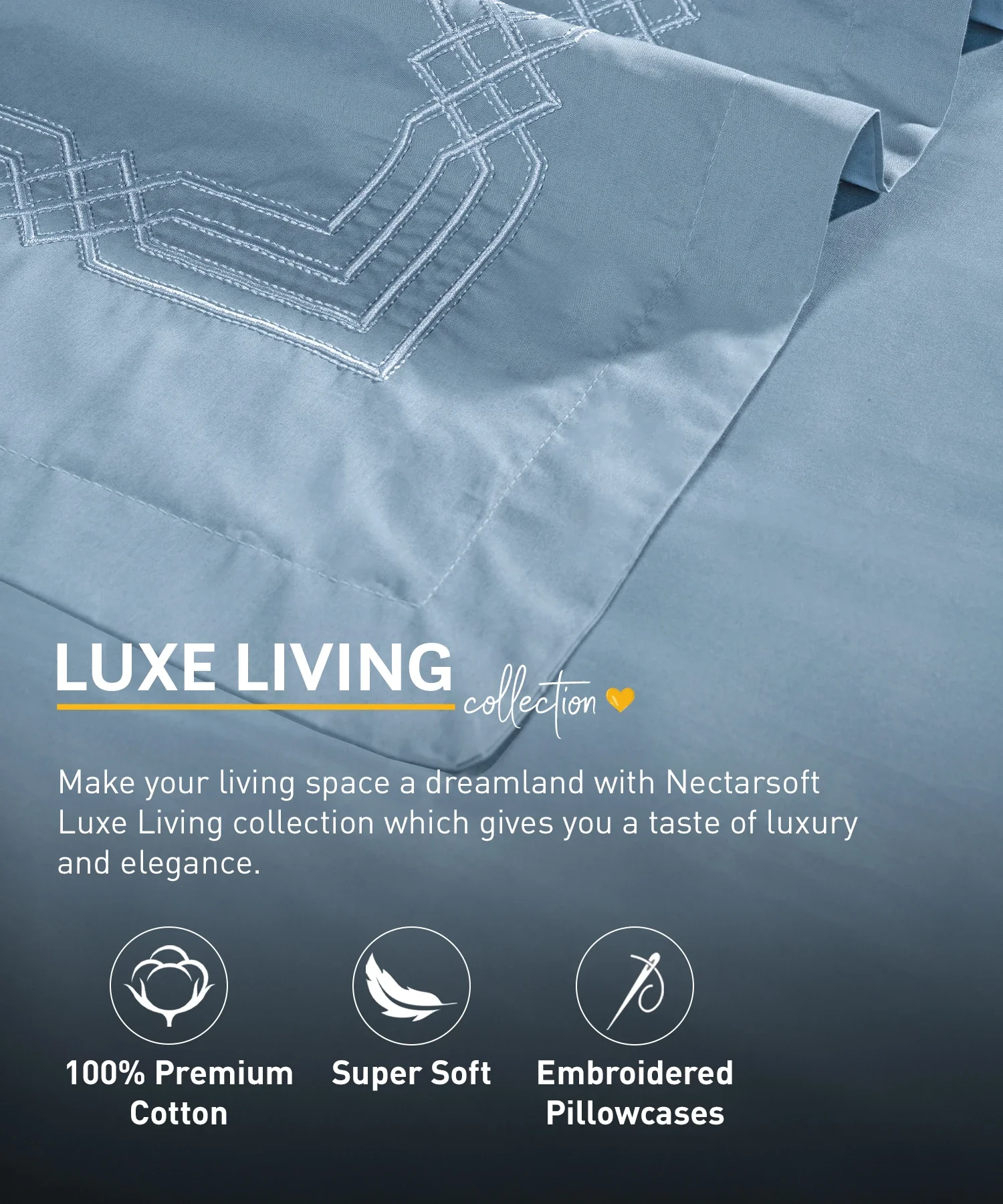 Nectarsoft Luxe Living Solid King Bedsheet Set, Renoir, Blue Shadow|300 TC Cotton| 2 Pillow Cover - Image 4