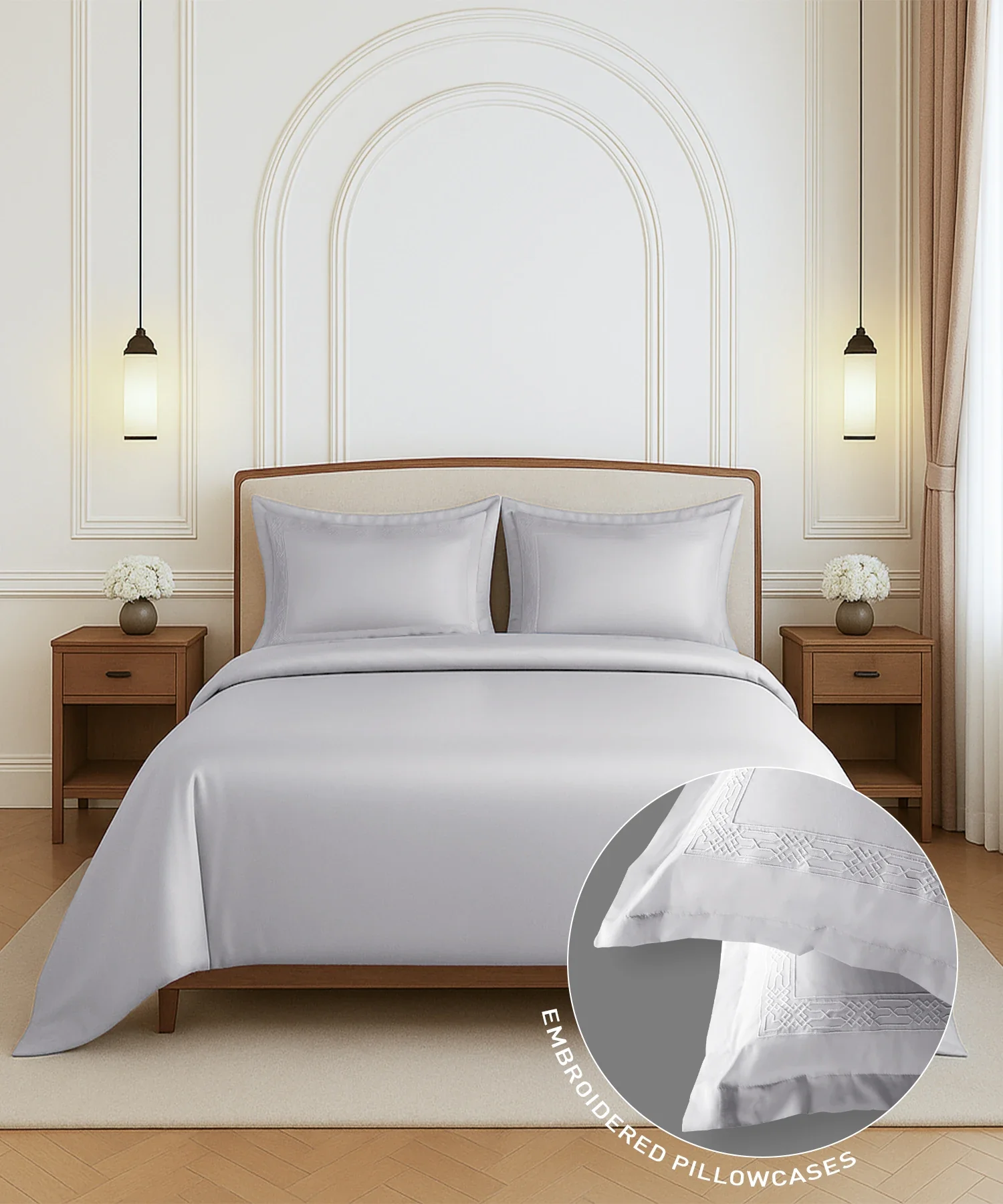 Nectarsoft Luxe Living Solid King Bedsheet Set, Hilton, Silver Cloud|300 TC Cotton| 2 Pillow Cover