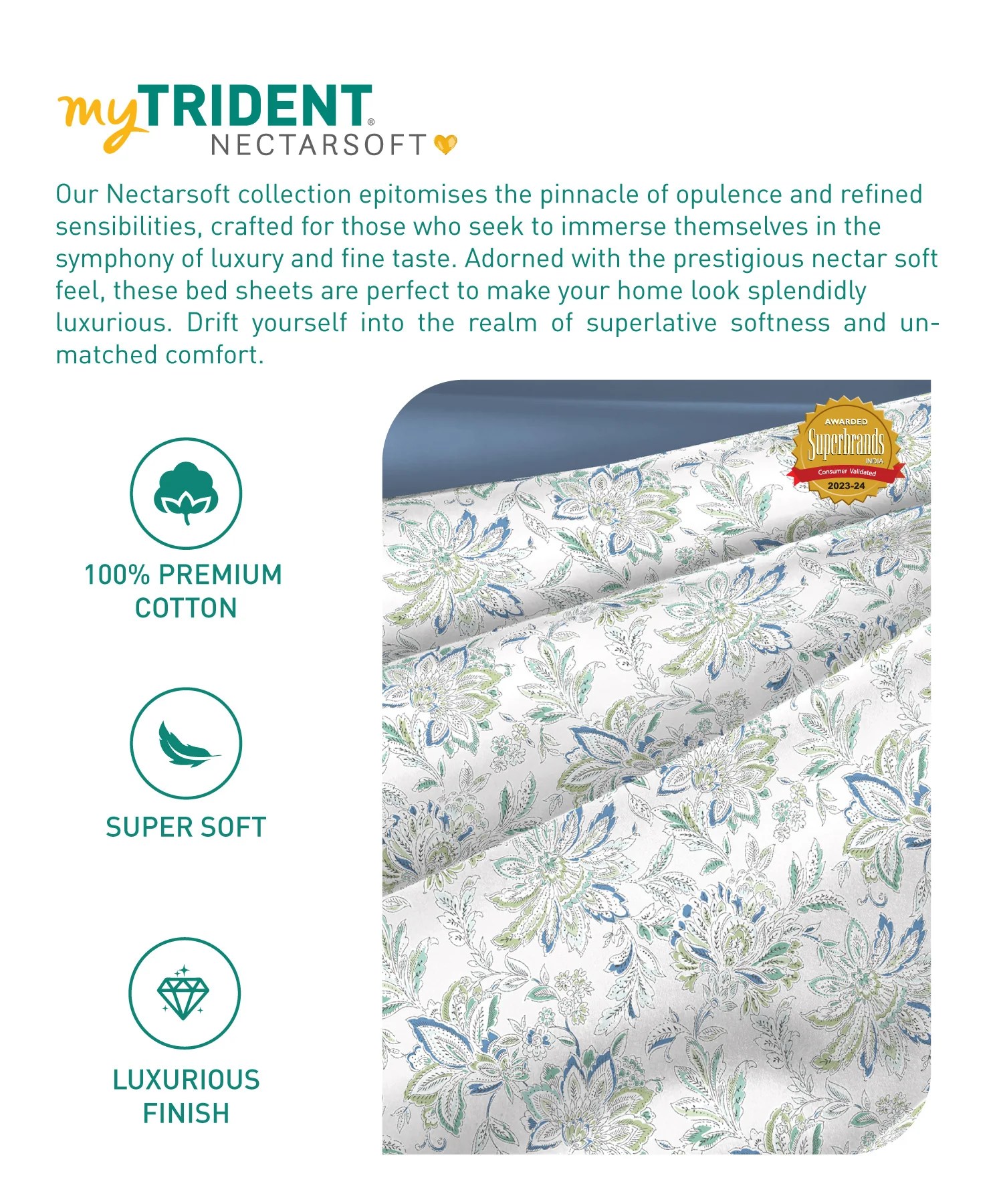 Nectarsoft King Bedsheet Set, Adelia Aqua|400 TC Cotton| 4 Pillow Cover - Image 6