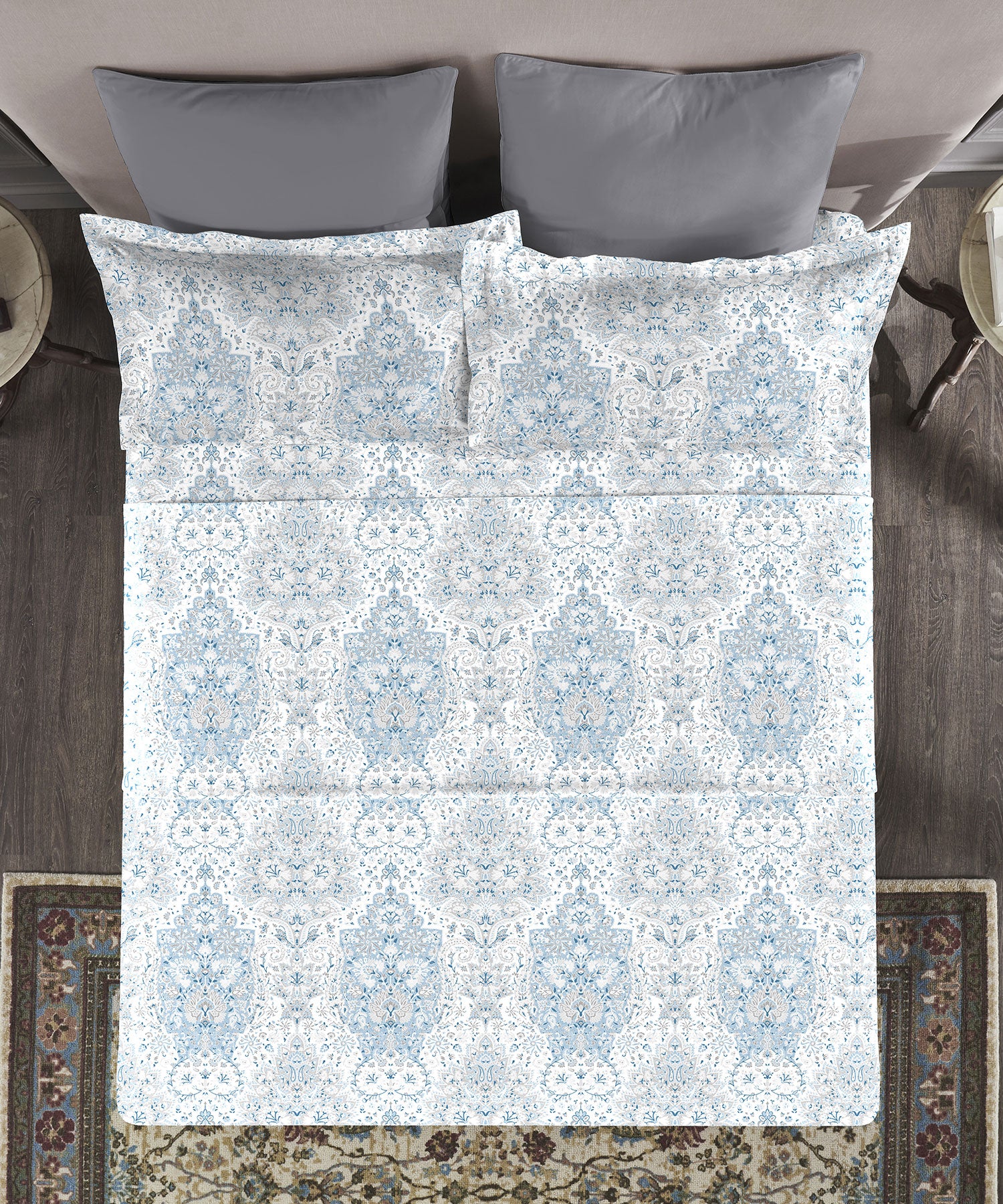 Nectarsoft King Bedsheet Set, Bernice Blue|400 TC Cotton| 4 Pillow Cover - Image 3