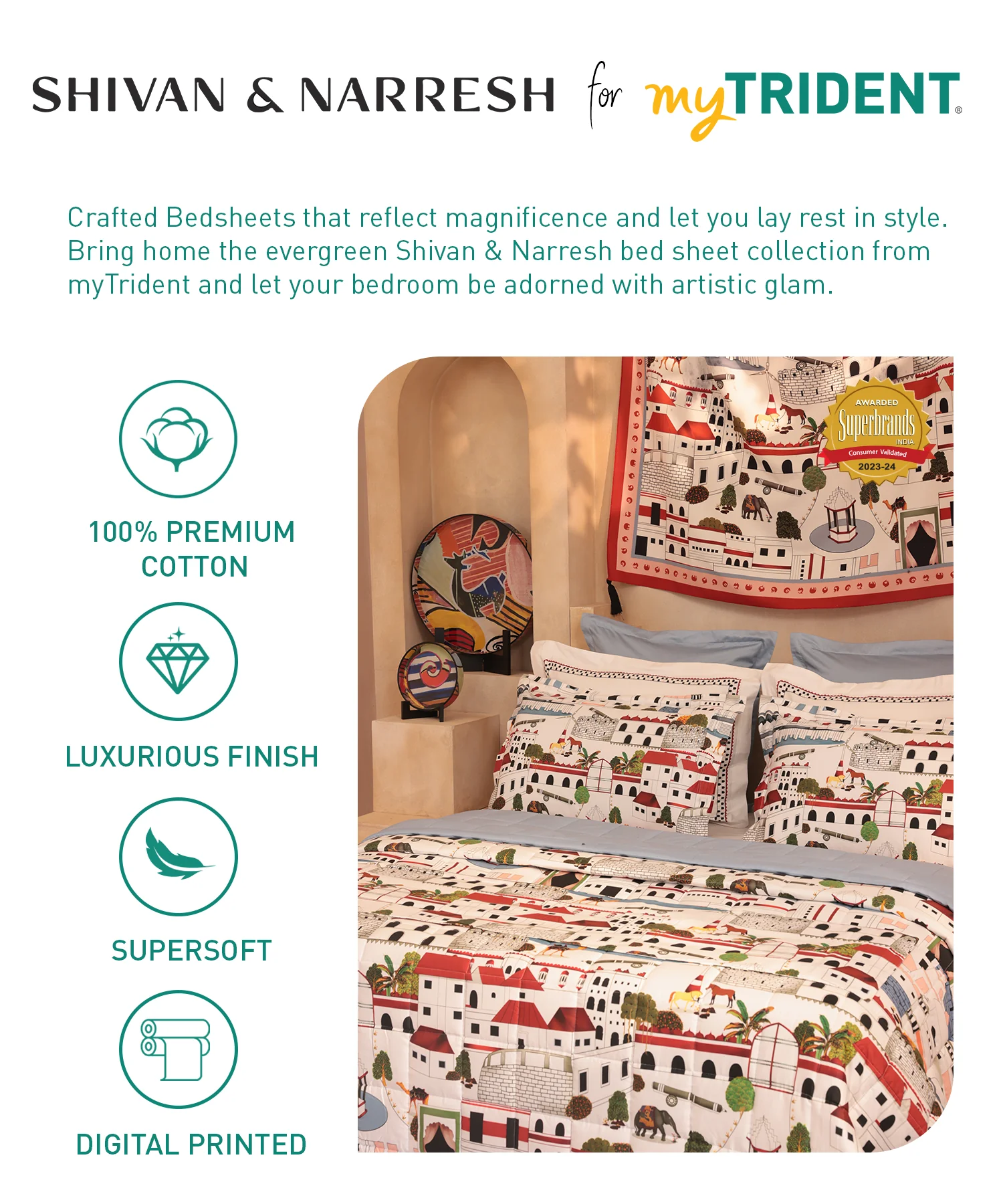 Shivan & Narresh King Bedsheet Set, Jaiscape |400TC Cotton|4 pillow covers - Image 6