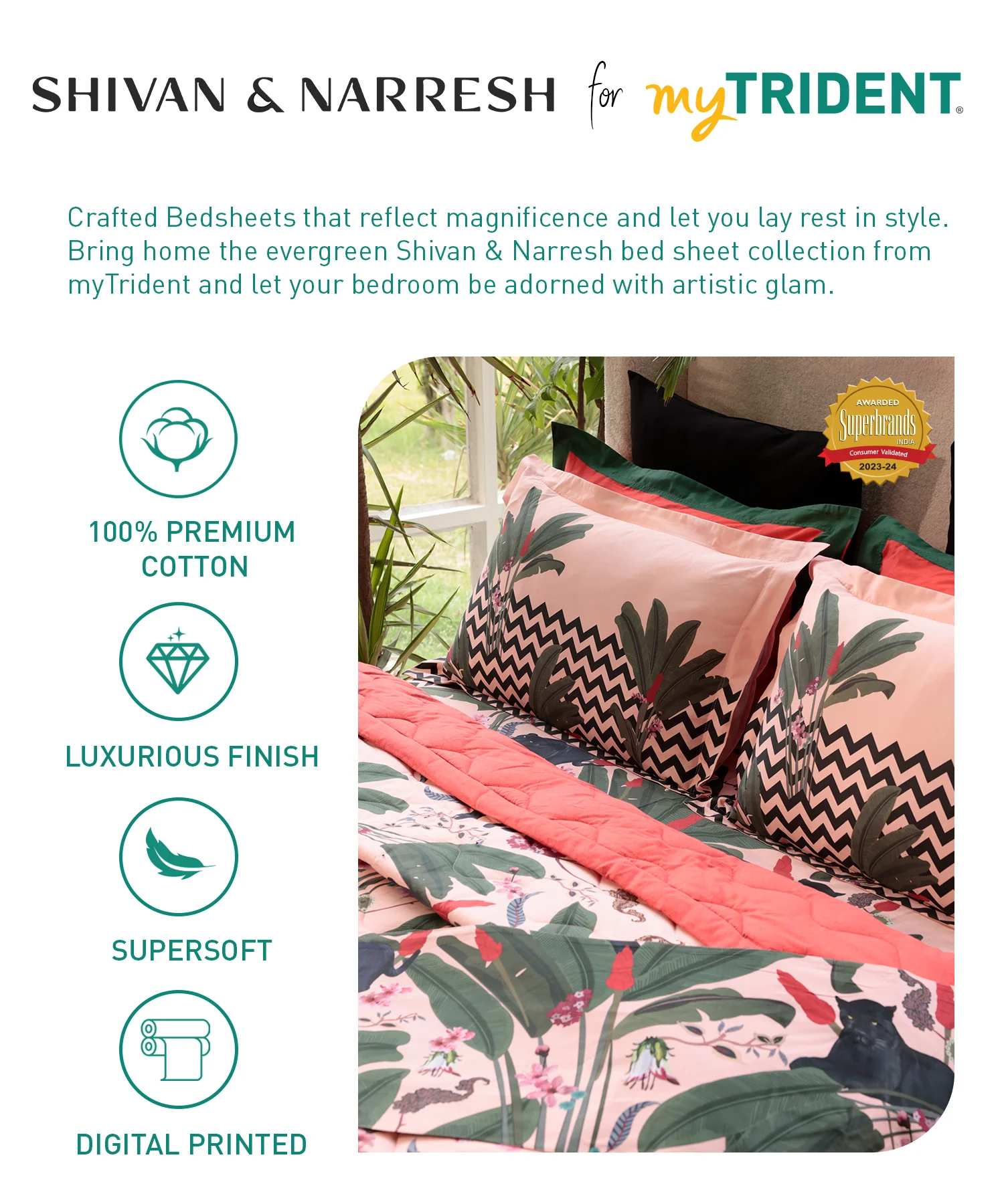 Shivan & Narresh King Bedsheet Set, Palmera |400TC Cotton|4 pillow covers - Image 6