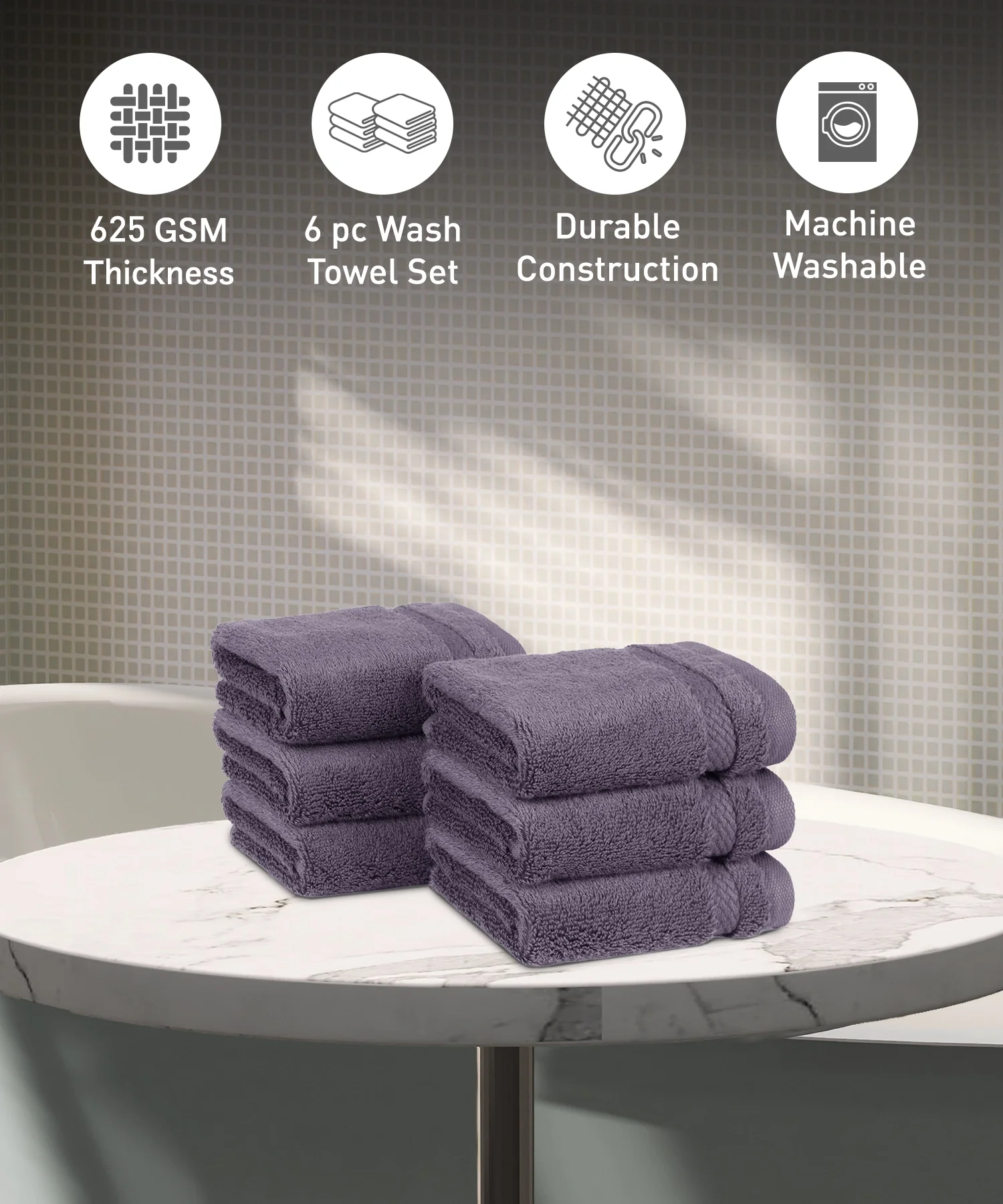 Luxury 6 Pc Face Towel Set, Purple|625 GSM Premium Cotton| Antimicrobial - Image 2