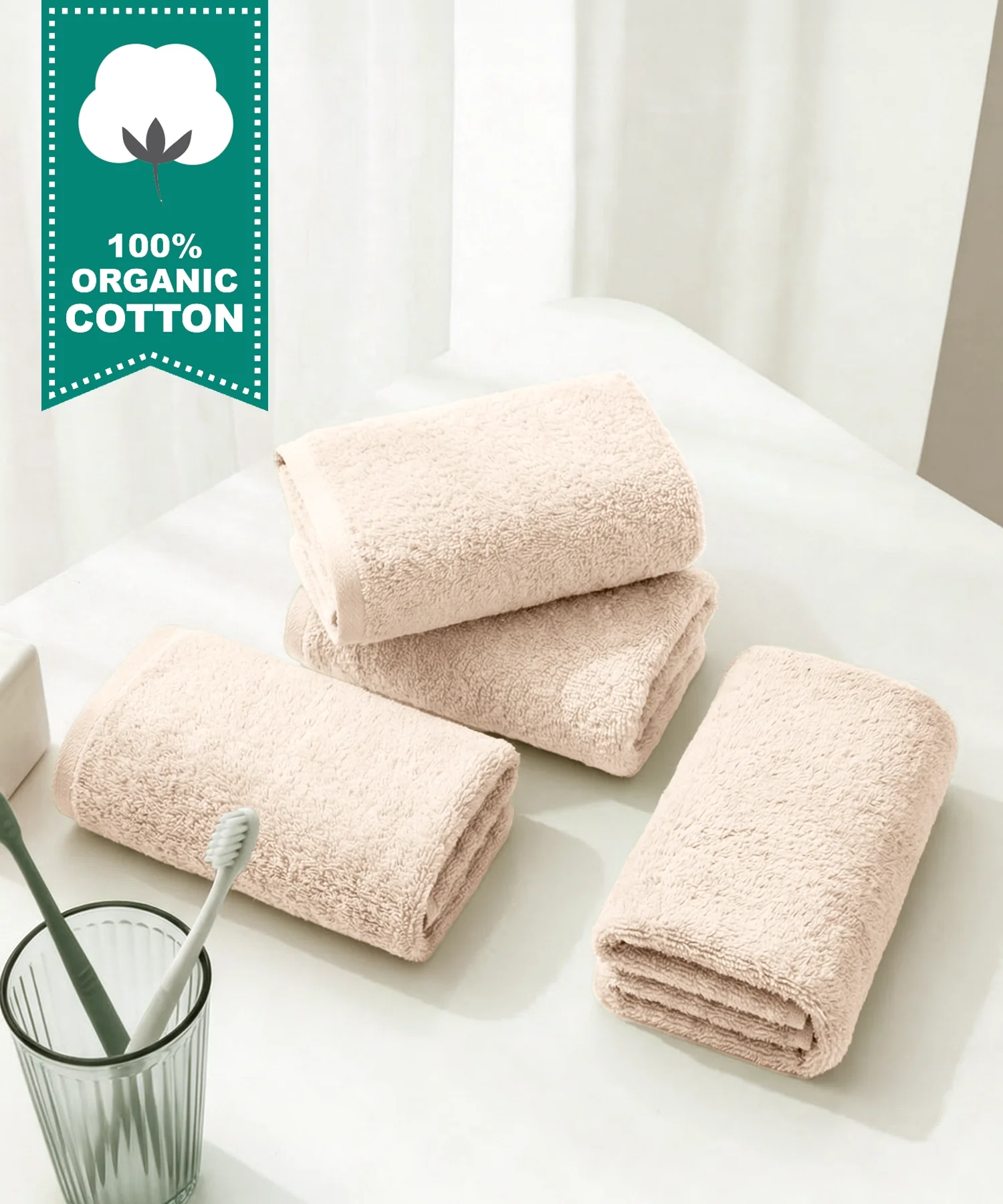 Organic Luxury 4Pc Face Towel, Beige|650 GSM Organic Cotton