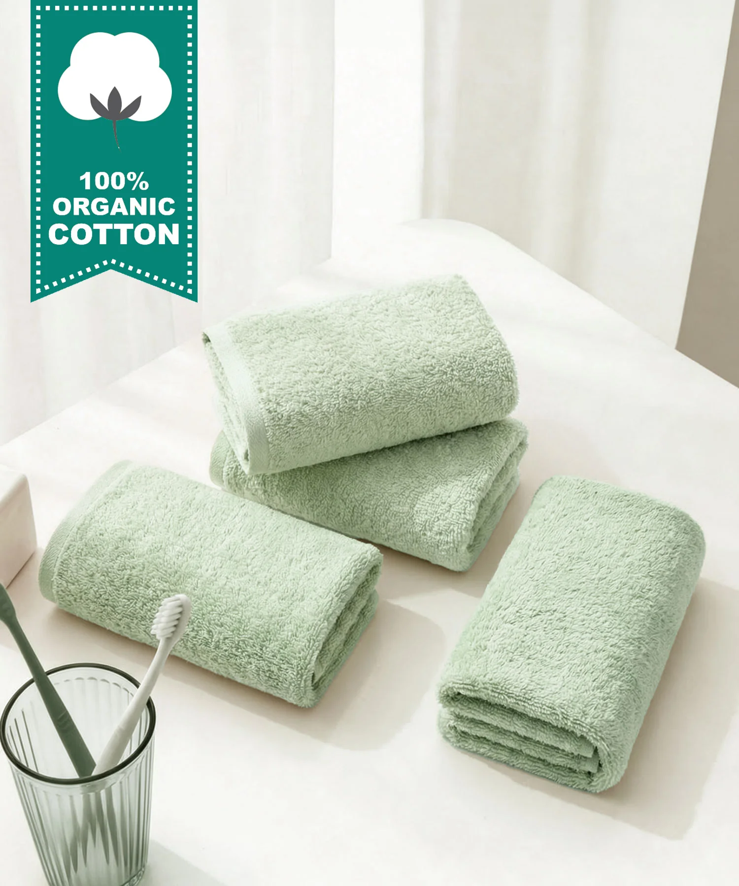 Organic Luxury 4Pc Face Towel, Green|650 GSM Organic Cotton