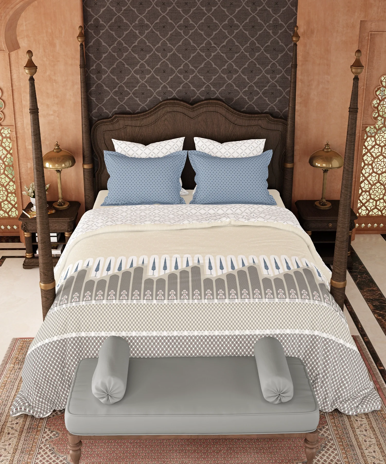 Road To Jaipur Double Duvet Set, BAGICHI VAAS |210 TC Cotton| 6 Pc Set - Image 2