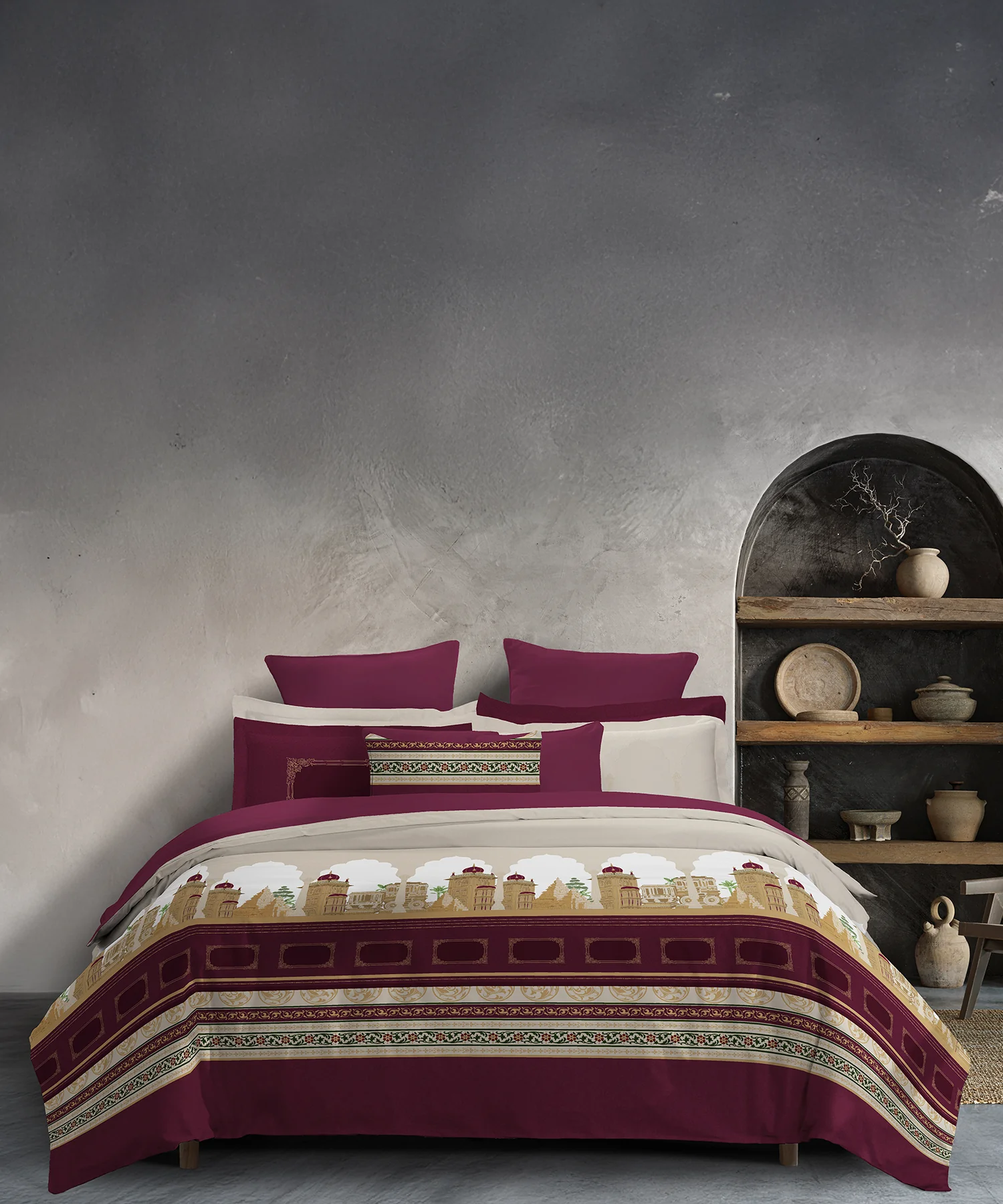 Classic Safarnama King Bedsheet Set, Golden Chariot| 210 TC Cotton| 4 Pillow Covers
