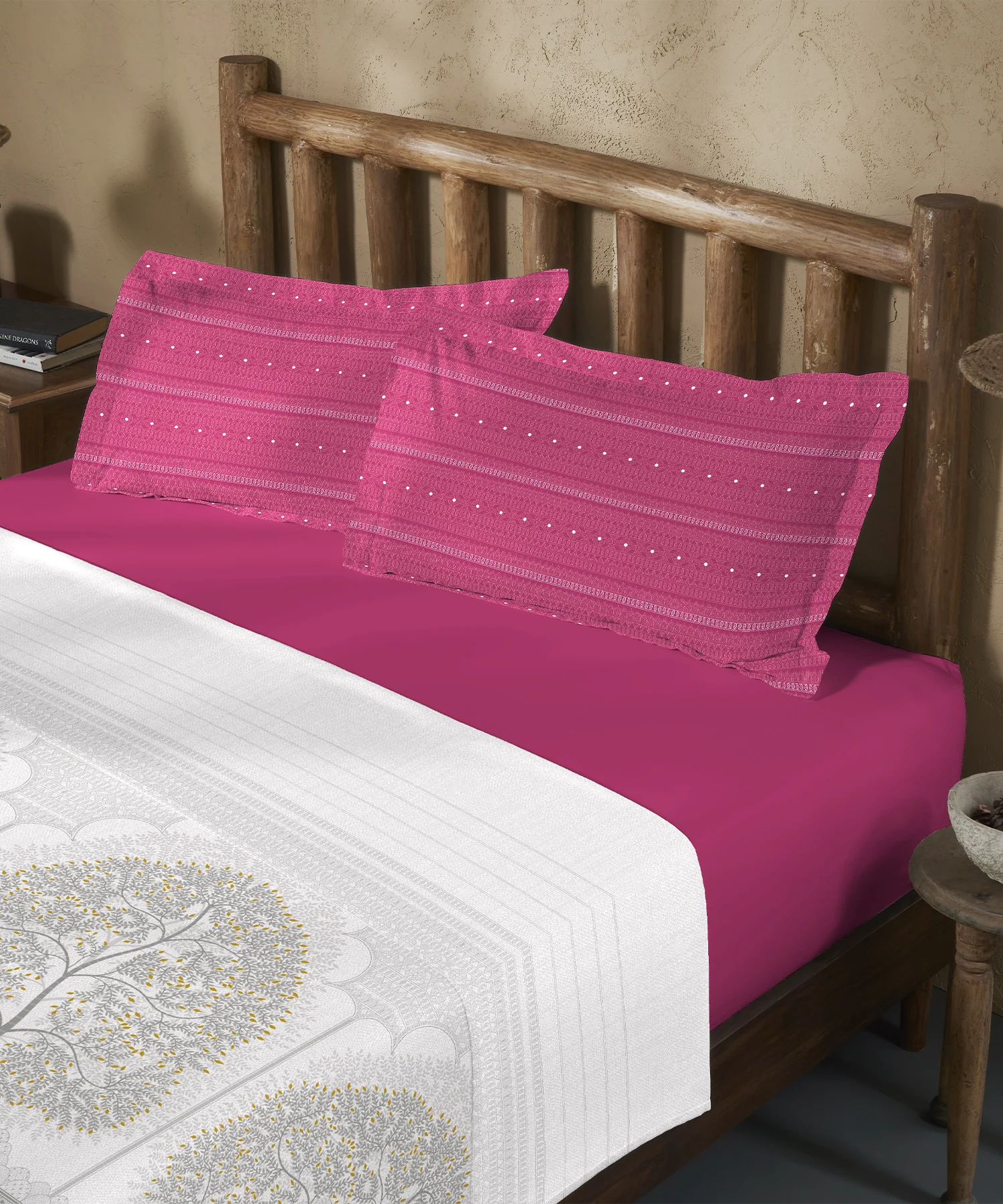 Sanskriti Bedding Set, Gond Art Pink| 180 TC, 180 GSM Cotton| 4 Pc Set - Image 3