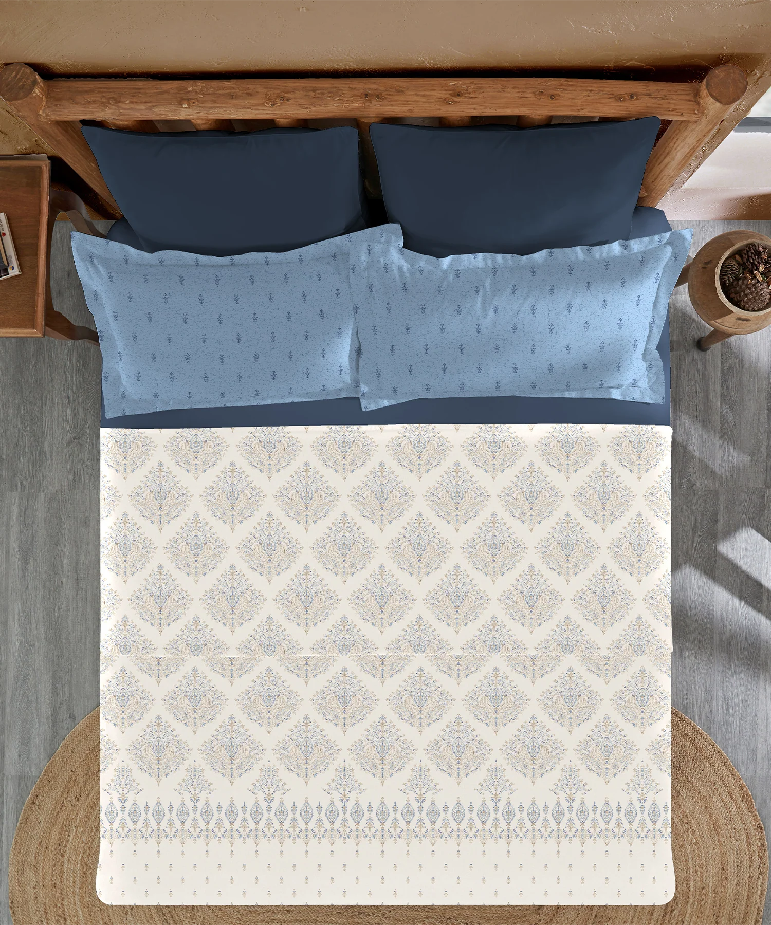 Sanskriti Bedding Set, Kantha Blue| 180 TC, 180 GSM Cotton| 4 Pc Set - Image 4